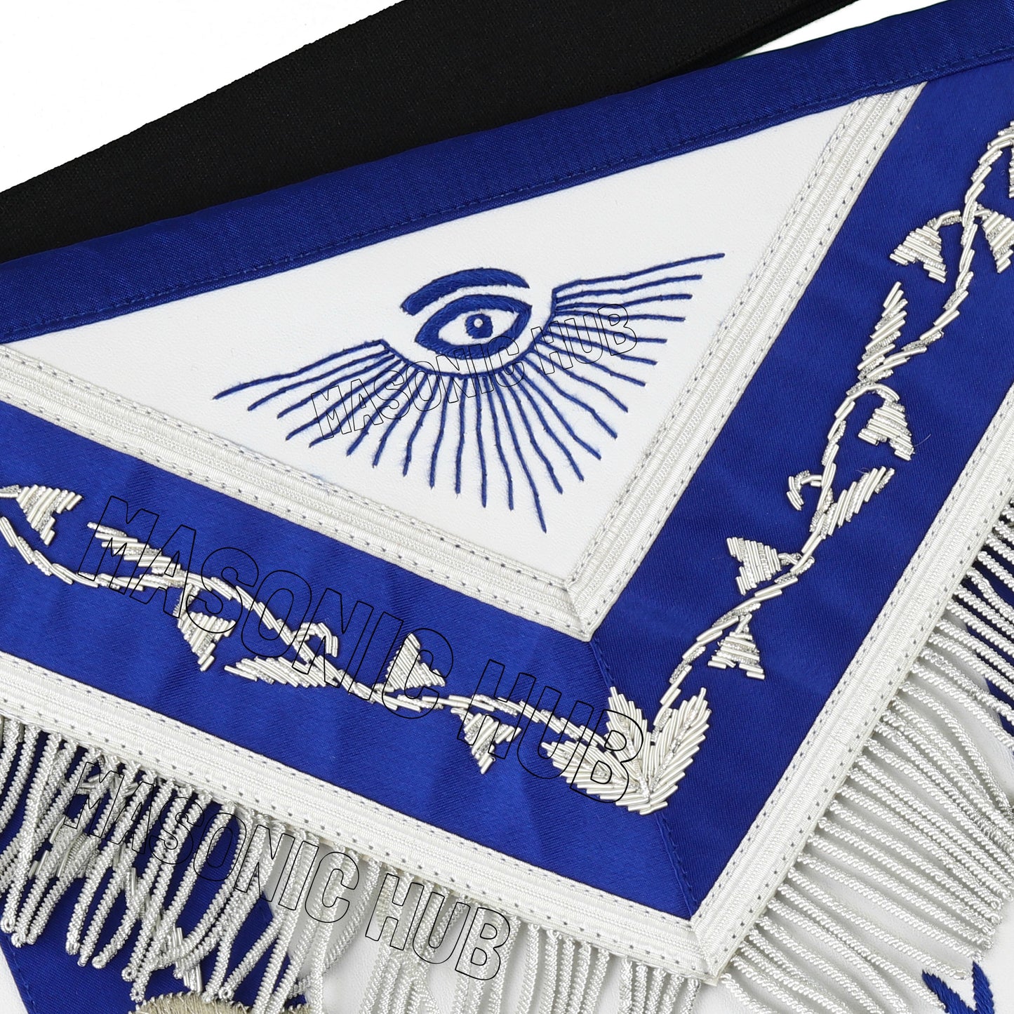 Masonic Past Master Hand-Embroidered 100% Lambskin Apron with Blue Silk & Silver Bullion Fringe