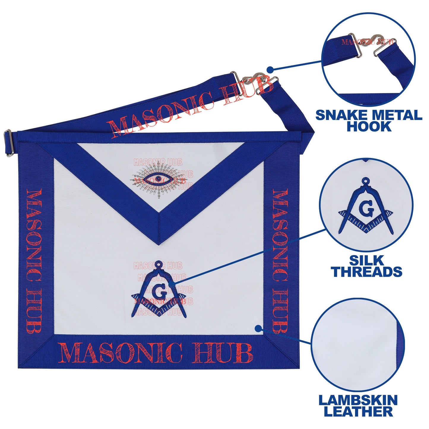 Master Mason Apron with Sequined All-Seeing Eye Emblem – Blue & White Masonic