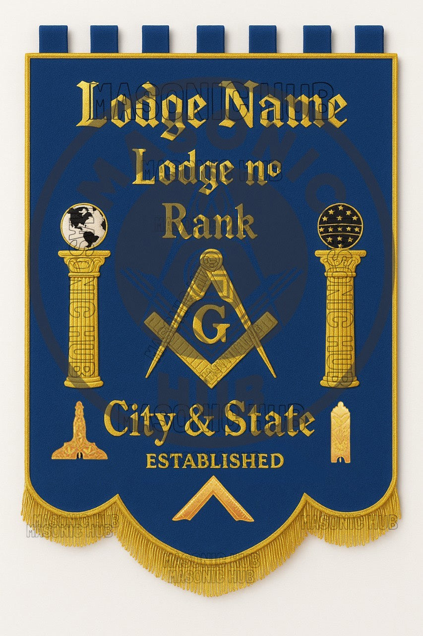 Custom Masonic Blue Lodge Banner – Master Mason Embroidered Regalia with Pillars & Compass Square Symbol