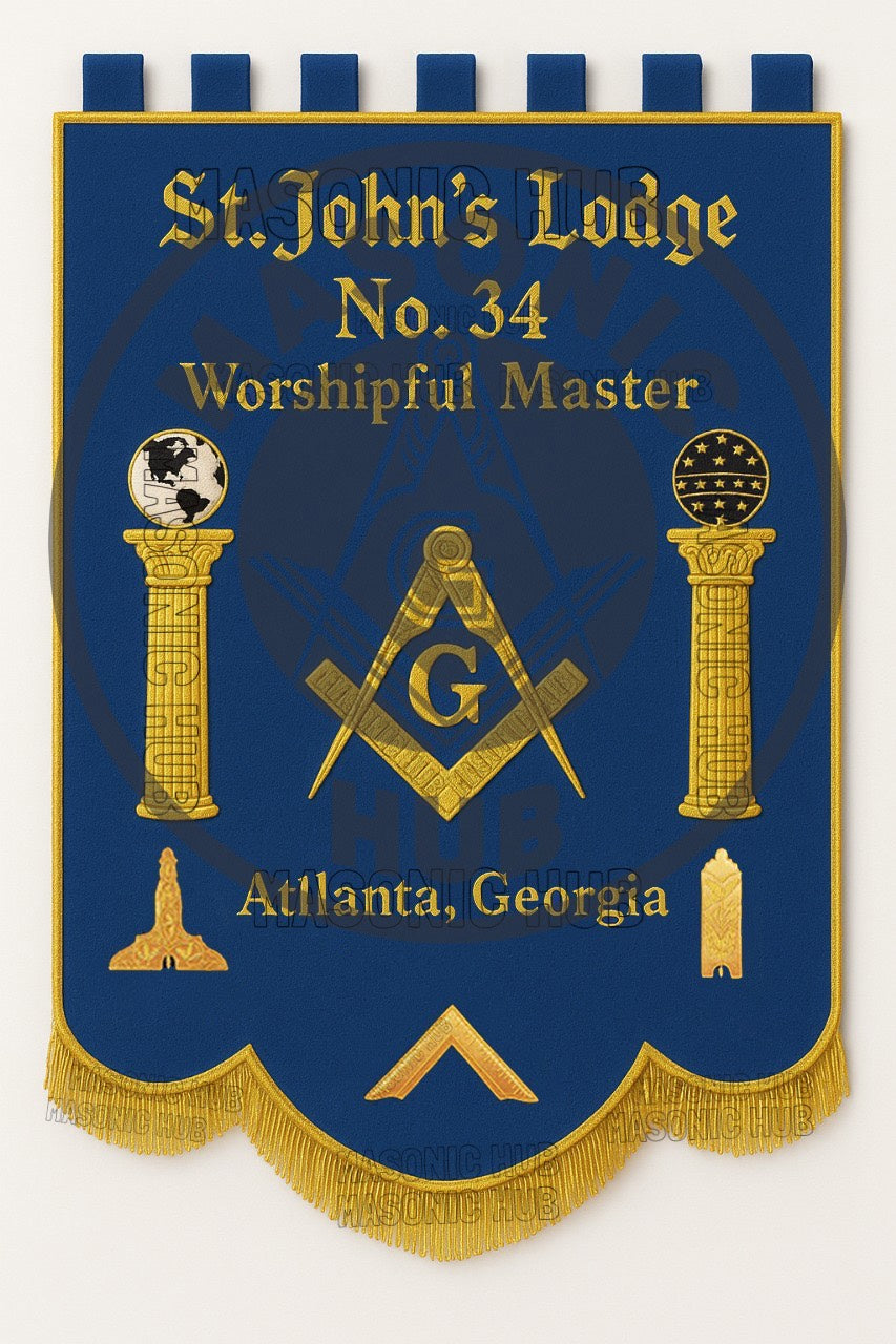 Custom Masonic Blue Lodge Banner – Master Mason Embroidered Regalia with Pillars & Compass Square Symbol