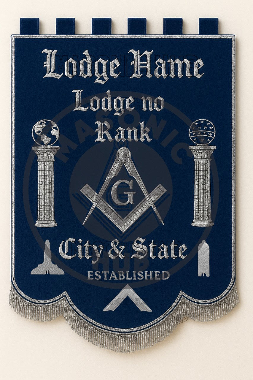 Custom Masonic Blue Lodge Banner – Master Mason Embroidered Regalia with Pillars & Compass Square Symbol