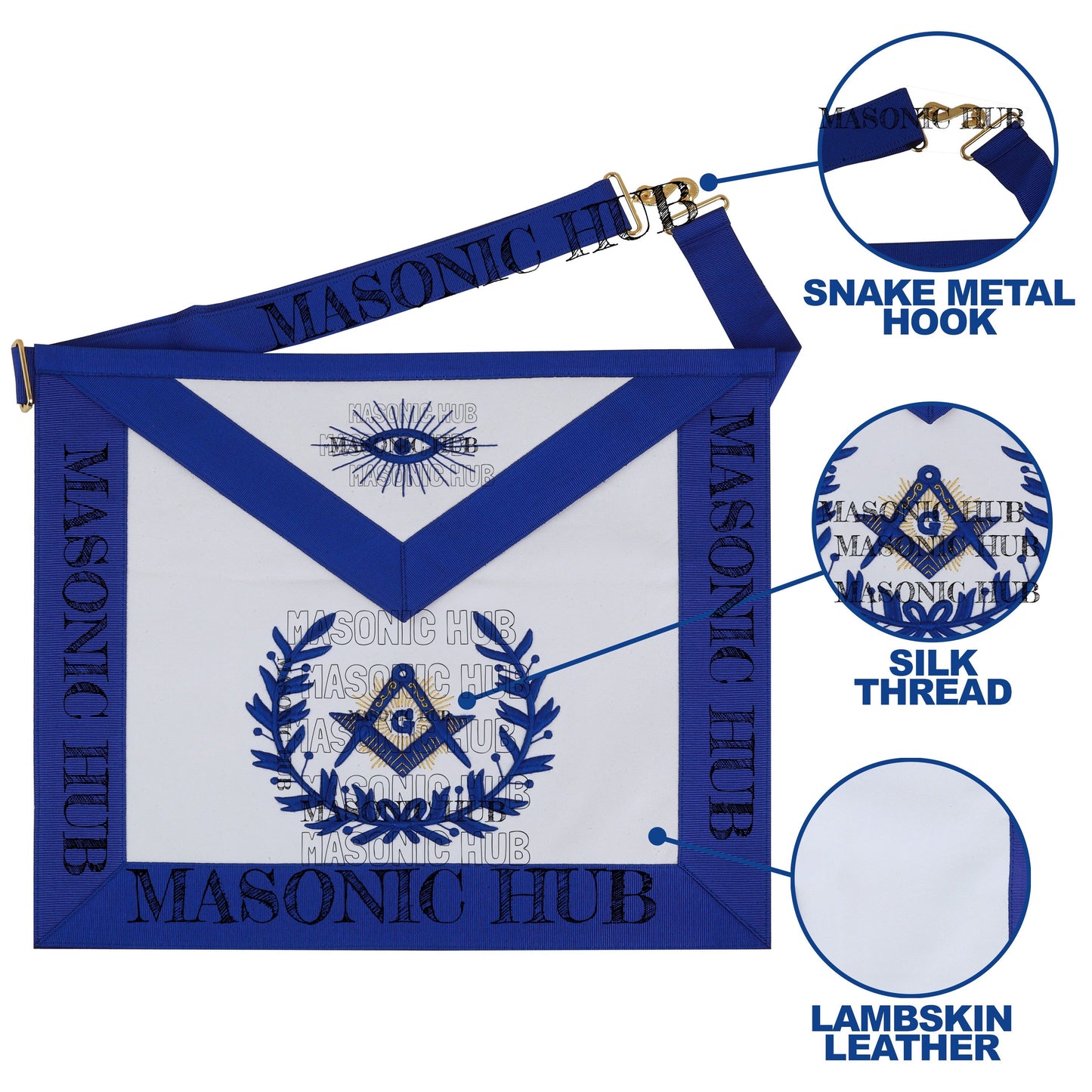 Masonic Master Mason Lambskin Apron with G Logo, Radiant Sunburst, and Laurel Wreath