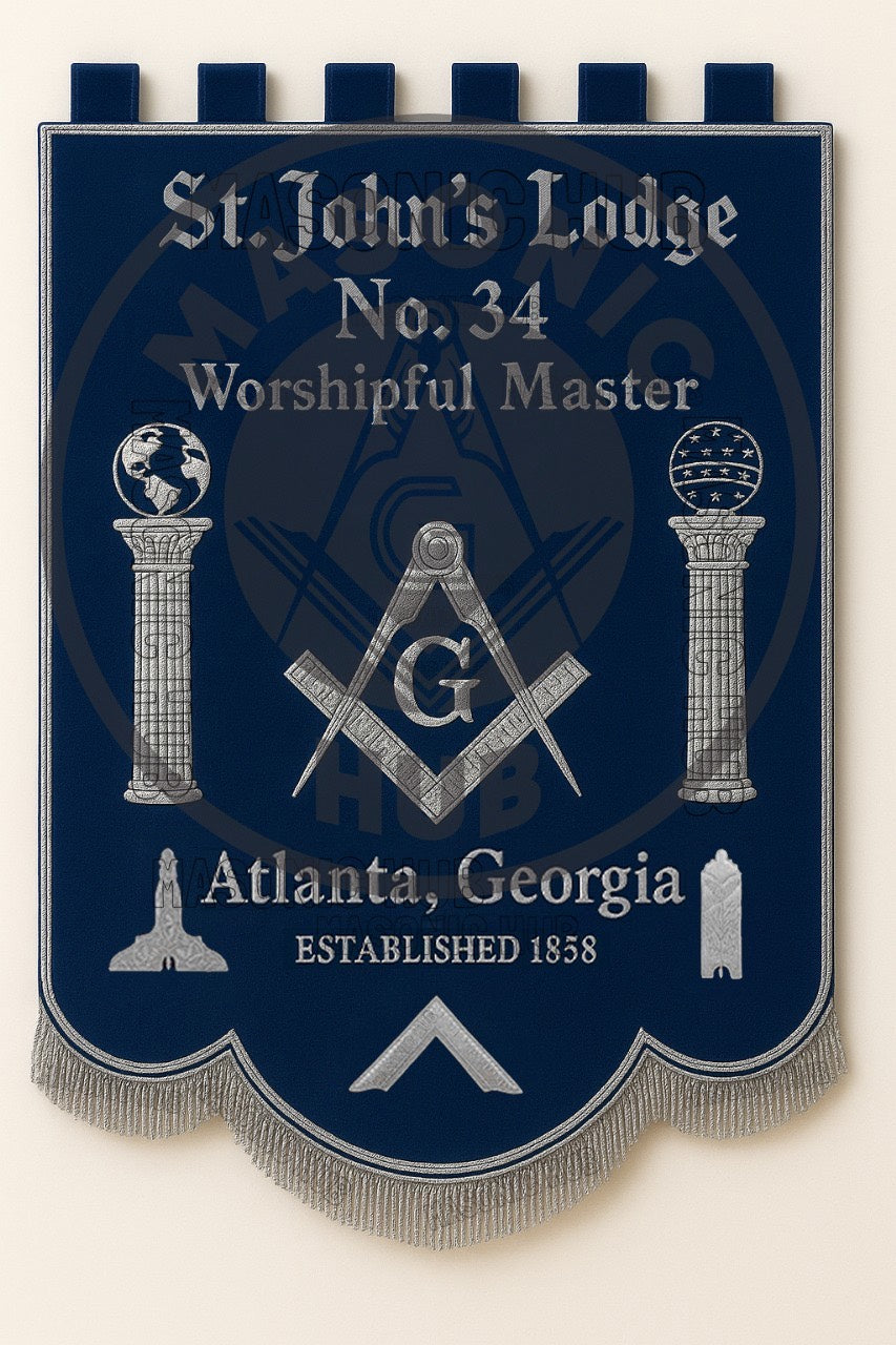 Custom Masonic Blue Lodge Banner – Master Mason Embroidered Regalia with Pillars & Compass Square Symbol