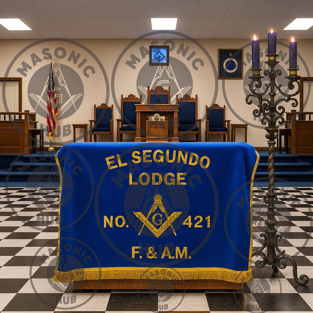 Custom Personalized Masonic Altar Cover – Blue Velvet with Embroidered Square Compass F. & A.M. Gold Fringe(For your any Customize Banner Please Contact us)