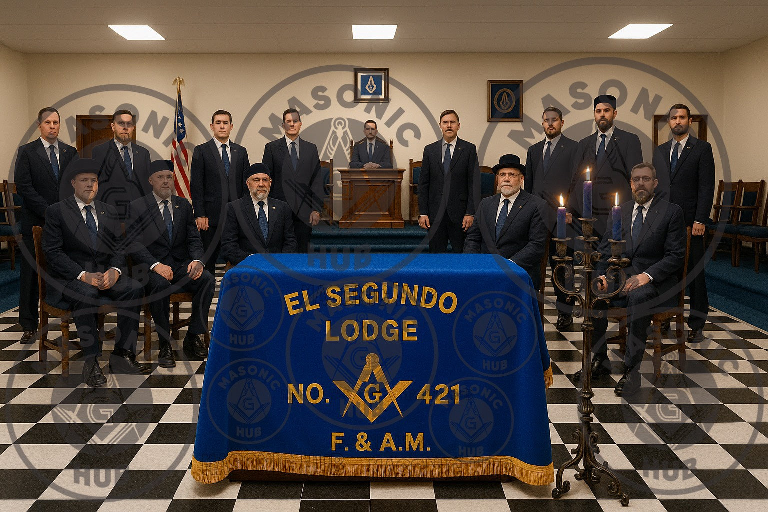 Custom Personalized Masonic Altar Cover – Blue Velvet with Embroidered Square Compass F. & A.M. Gold Fringe(For your any Customize Banner Please Contact us) Masonic Hub