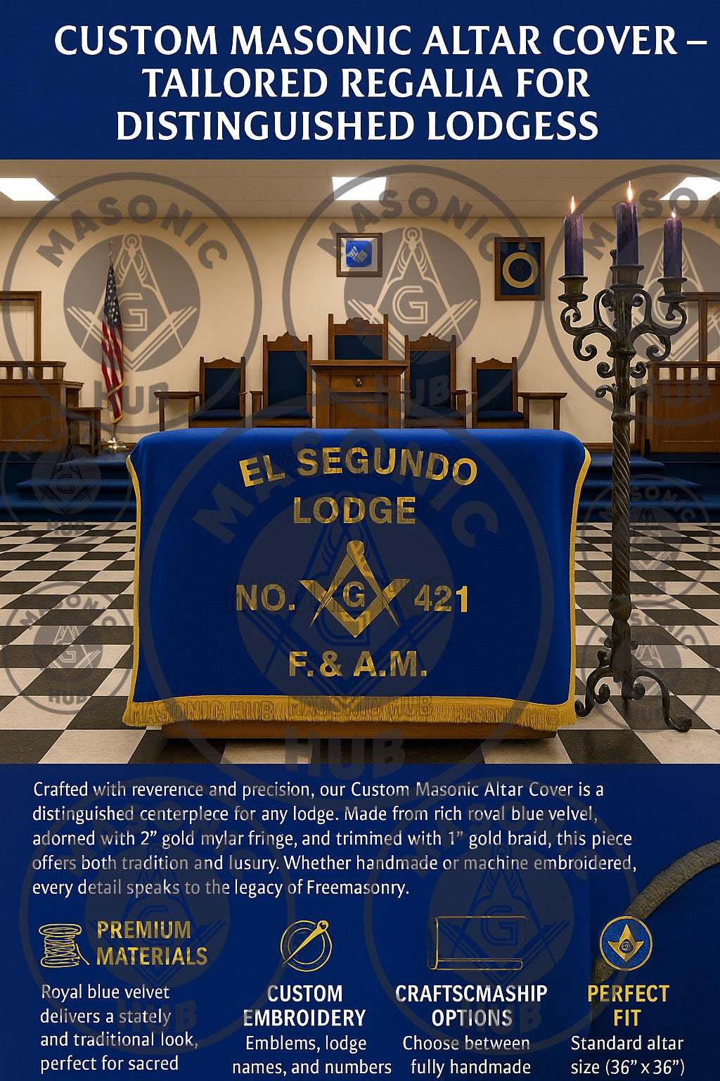Custom Personalized Masonic Altar Cover – Blue Velvet with Embroidered Square Compass F. & A.M. Gold Fringe(For your any Customize Banner Please Contact us)