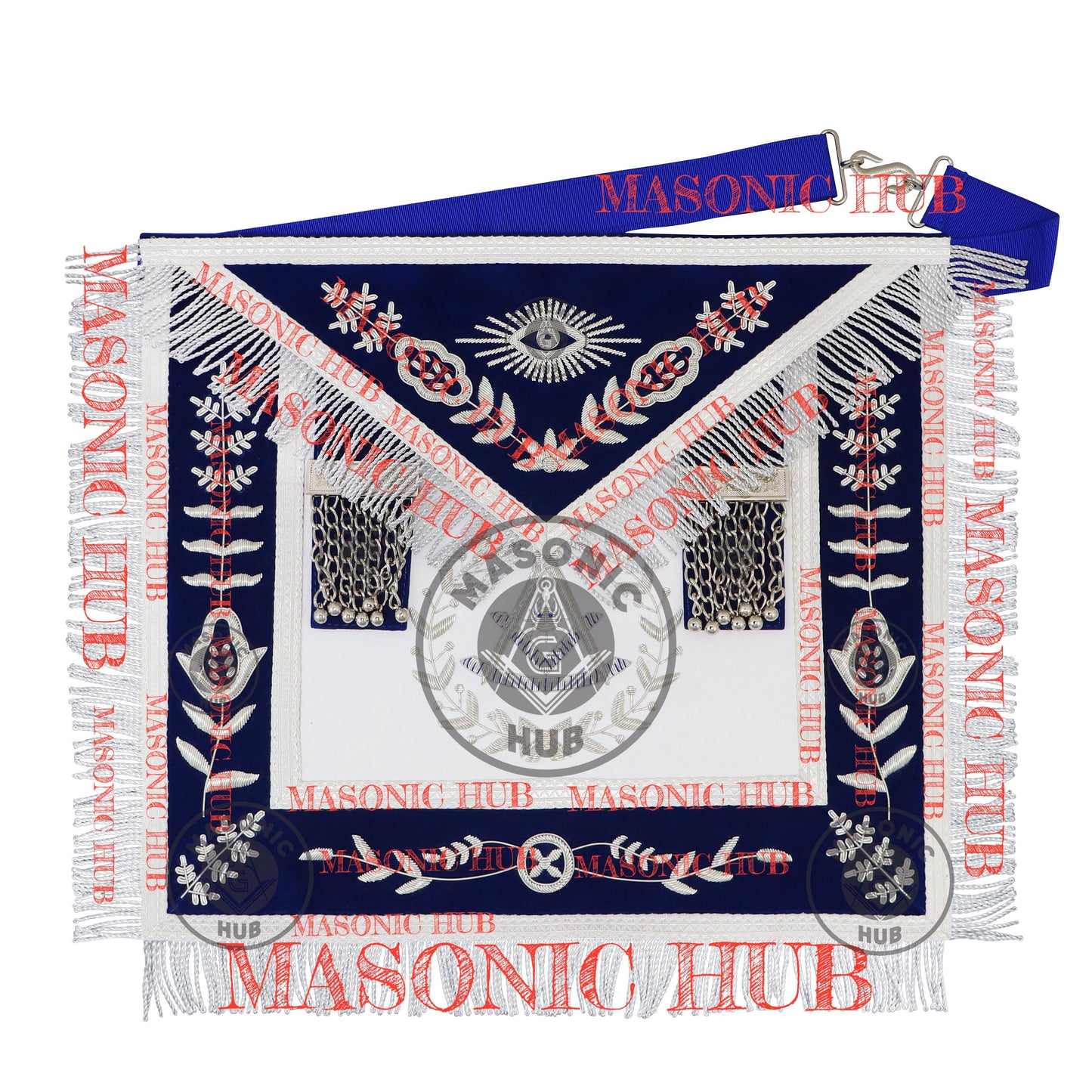 Freemason Royal Blue Velvet Masonic Past Master Apron with Silver Bullion Embroidery