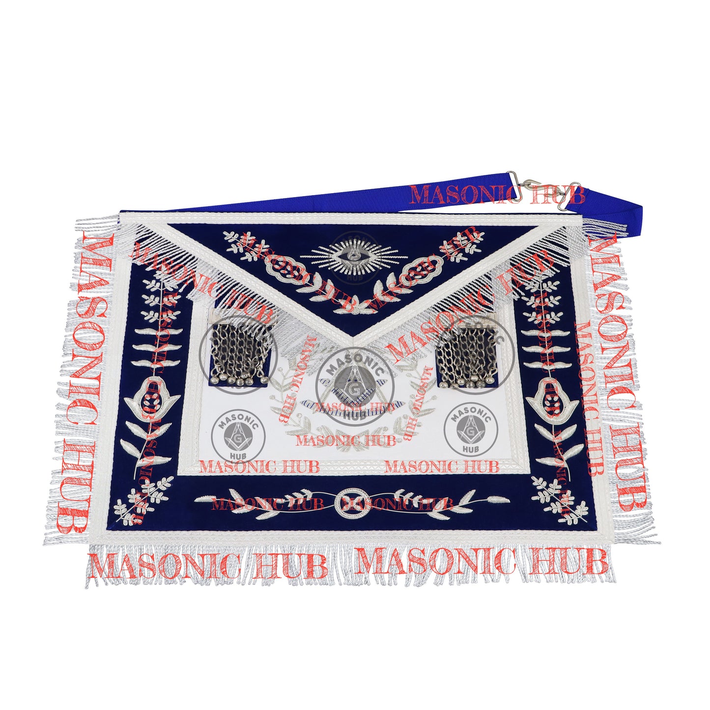 Freemason Royal Blue Velvet Masonic Past Master Apron with Silver Bullion Embroidery