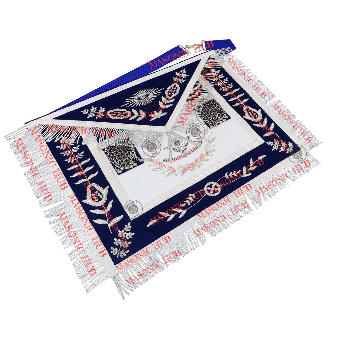 Freemason Royal Blue Velvet Masonic Past Master Apron with Silver Bullion Embroidery