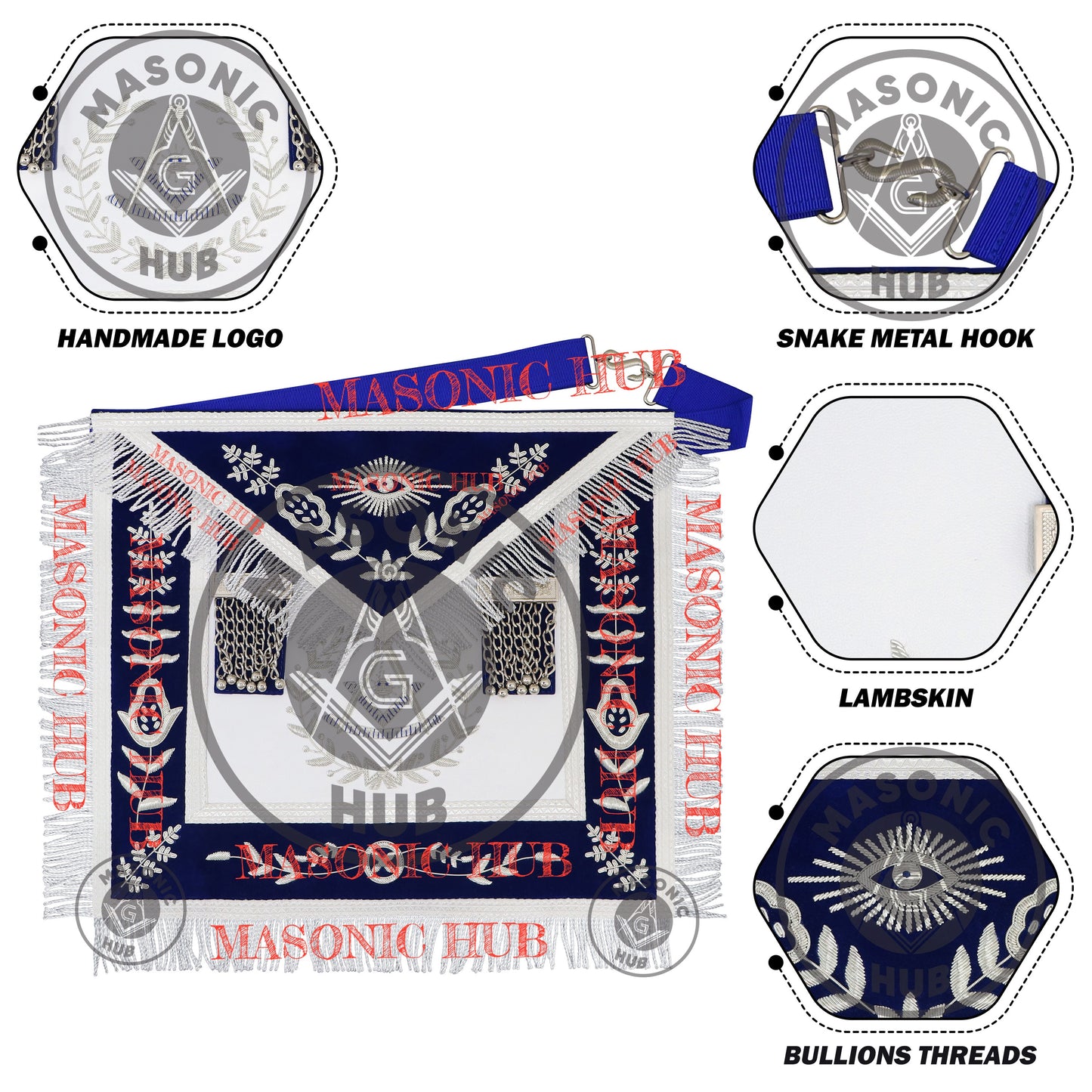 Freemason Royal Blue Velvet Masonic Past Master Apron with Silver Bullion Embroidery