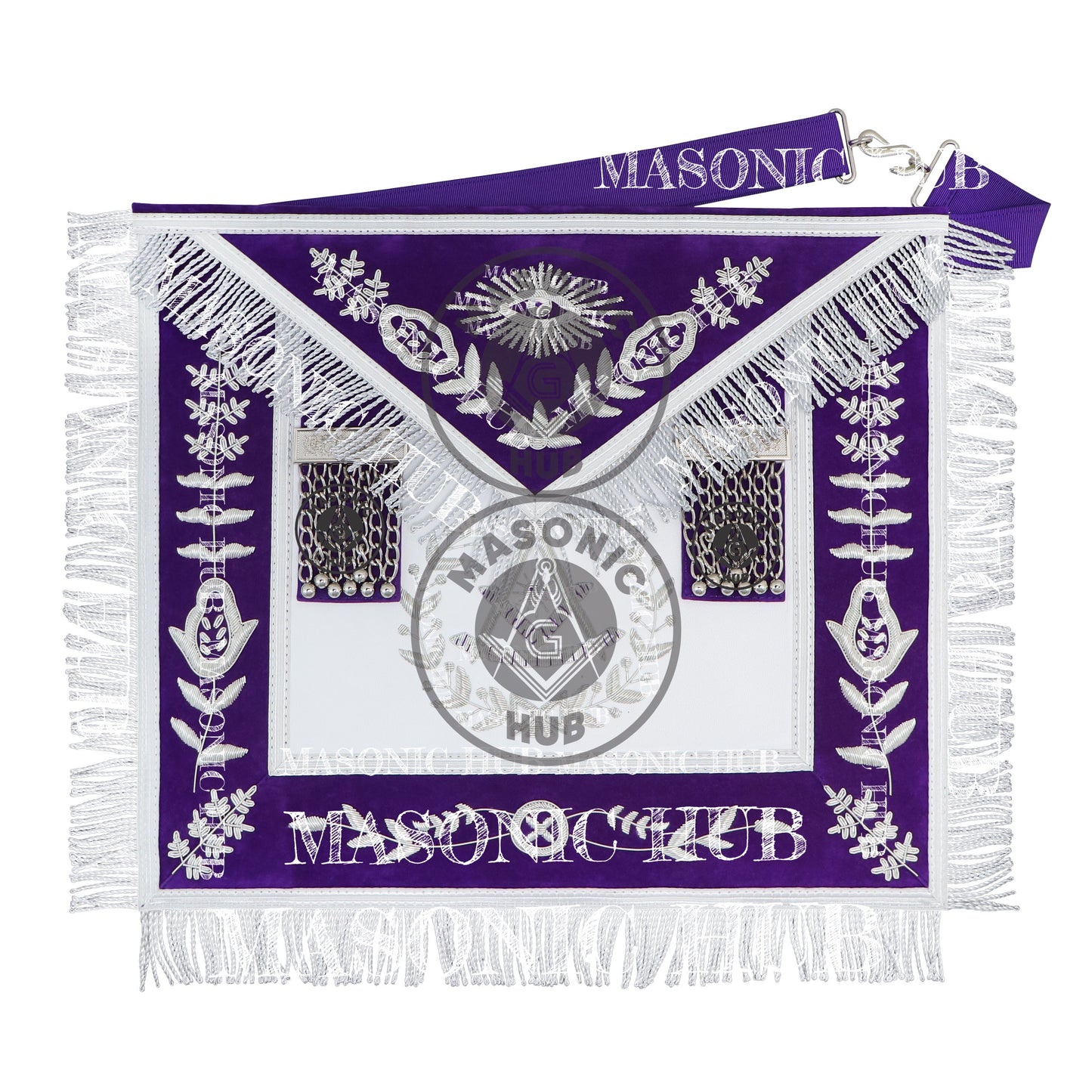Royal Purple Masonic Past Master Apron with Silver Bullion Embroidery All-Seeing Eye Motif – Velvet Trim & Fringe