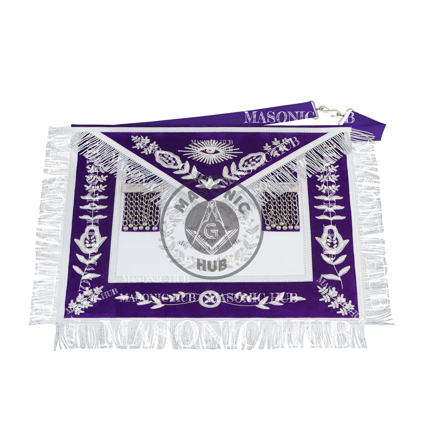 Royal Purple Masonic Past Master Apron with Silver Bullion Embroidery All-Seeing Eye Motif – Velvet Trim & Fringe