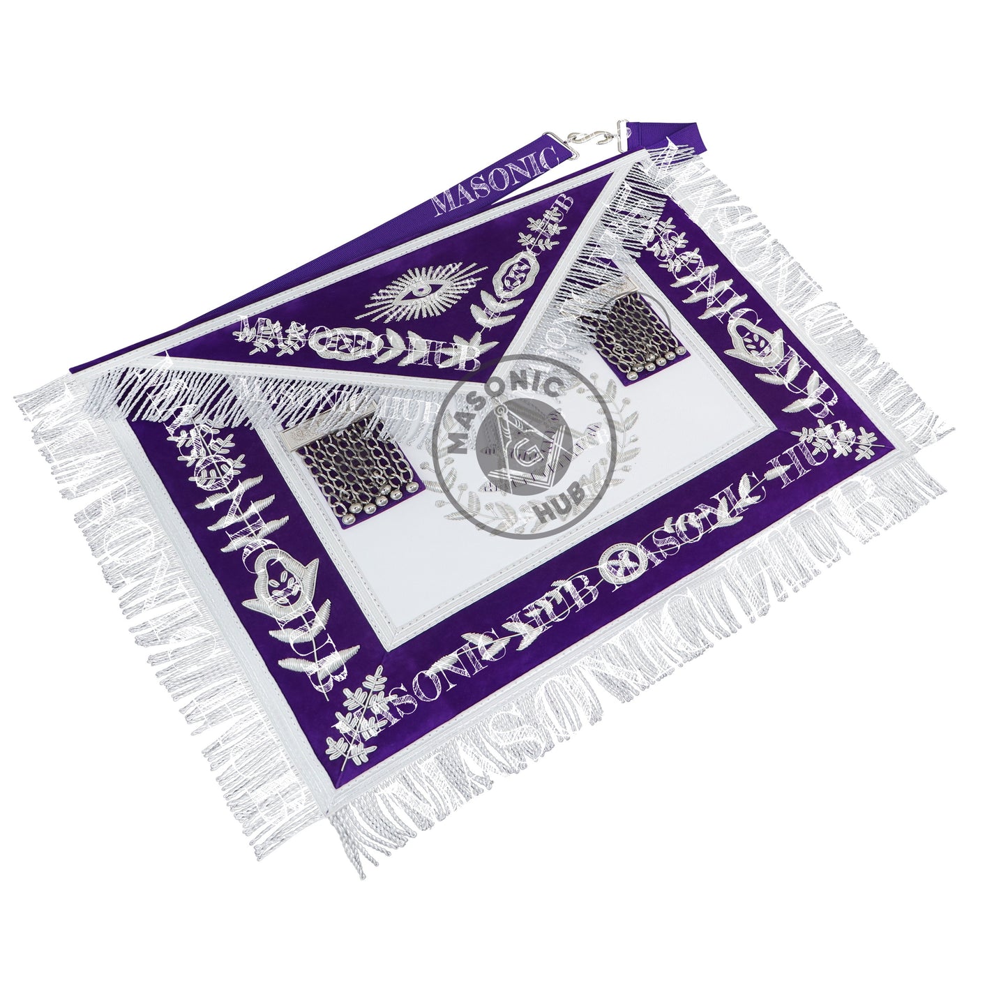 Royal Purple Masonic Past Master Apron with Silver Bullion Embroidery All-Seeing Eye Motif – Velvet Trim & Fringe