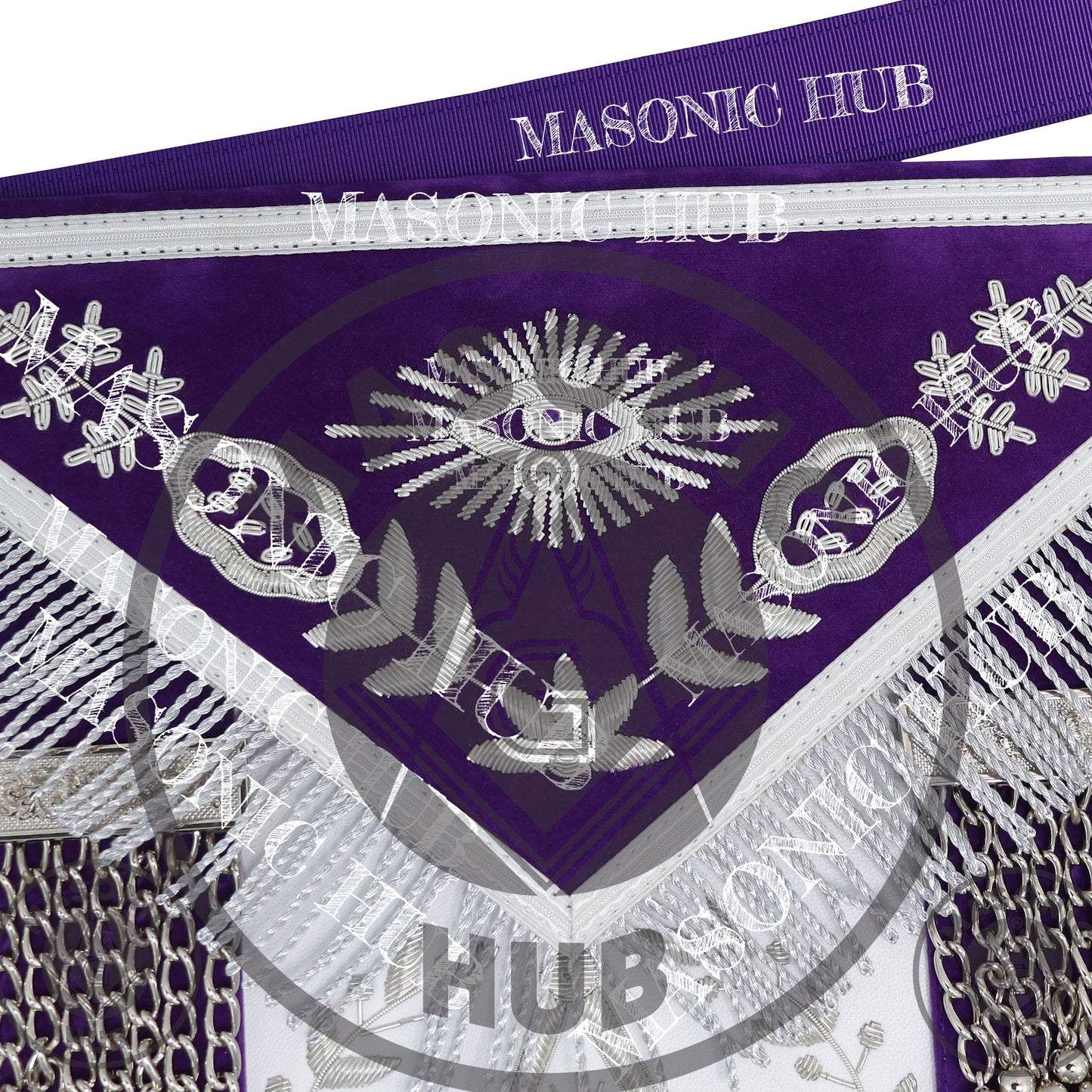 Royal Purple Masonic Past Master Apron with Silver Bullion Embroidery All-Seeing Eye Motif – Velvet Trim & Fringe