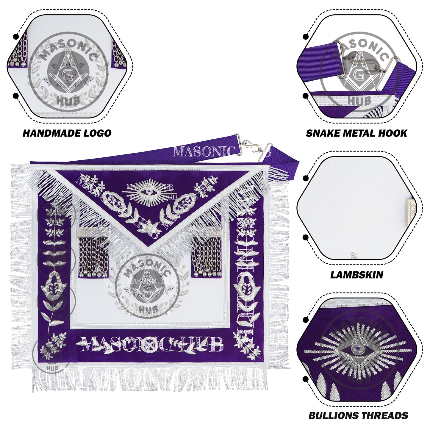 Royal Purple Masonic Past Master Apron with Silver Bullion Embroidery All-Seeing Eye Motif – Velvet Trim & Fringe