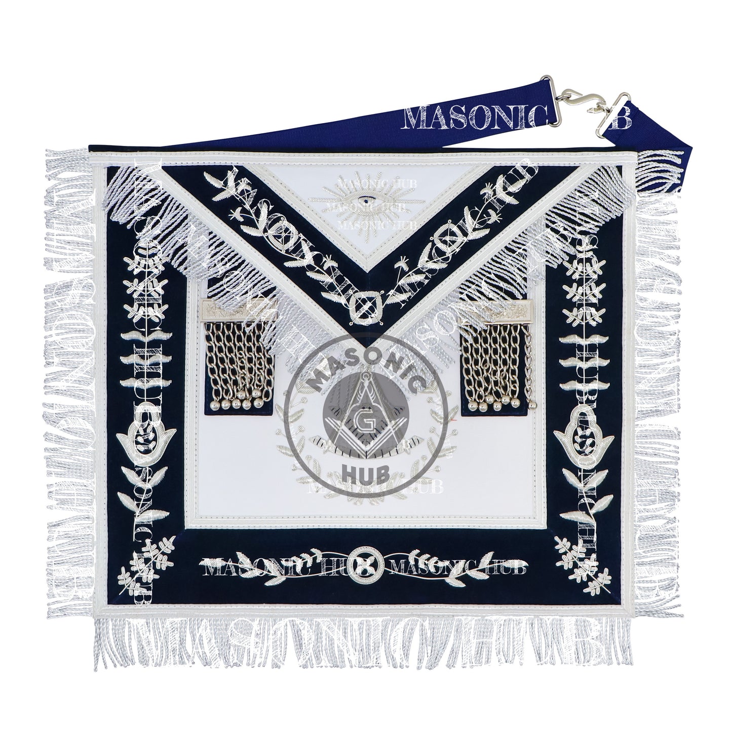 Masonic Past Master Apron – Hand-Embroidered Lambskin & Navy Blue Velvet with Silver Bullion Trim