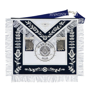 Masonic Past Master Apron – Hand-Embroidered Lambskin & Navy Blue Velvet with Silver Bullion Trim Masonic Hub