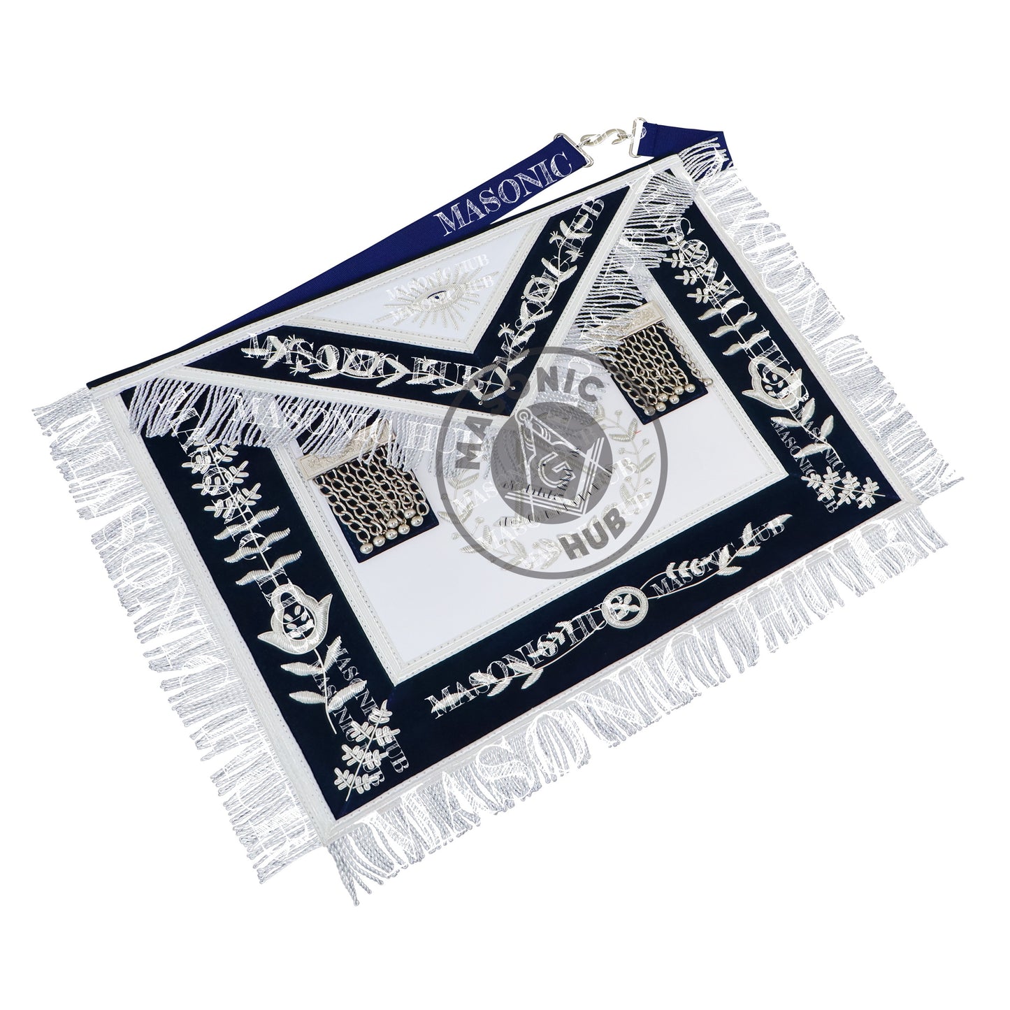 Masonic Past Master Apron – Hand-Embroidered Lambskin & Navy Blue Velvet with Silver Bullion Trim