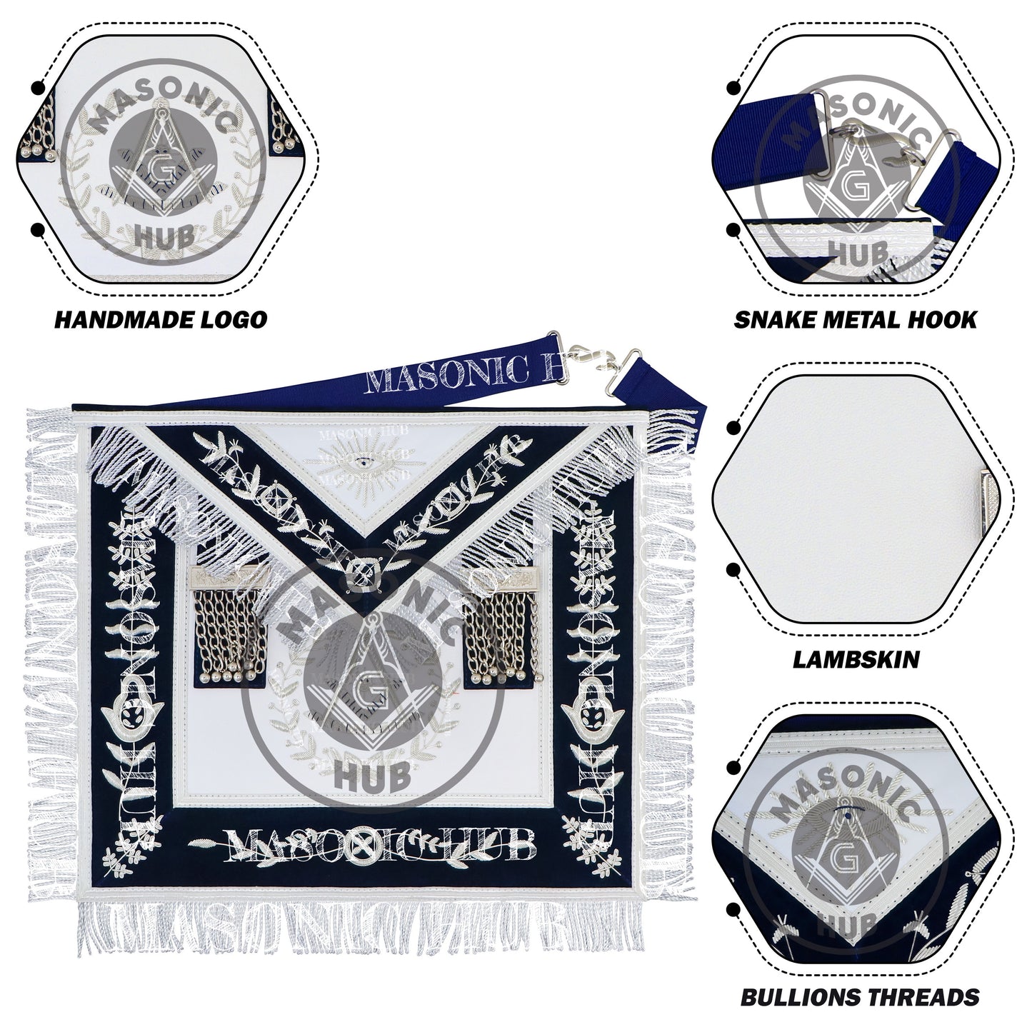Masonic Past Master Apron – Hand-Embroidered Lambskin & Navy Blue Velvet with Silver Bullion Trim