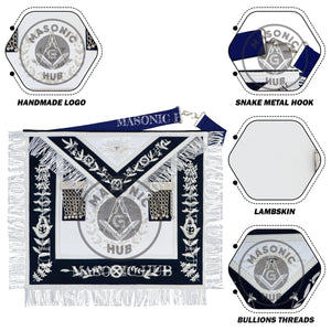 Masonic Past Master Apron – Hand-Embroidered Lambskin & Navy Blue Velvet with Silver Bullion Trim Masonic Hub