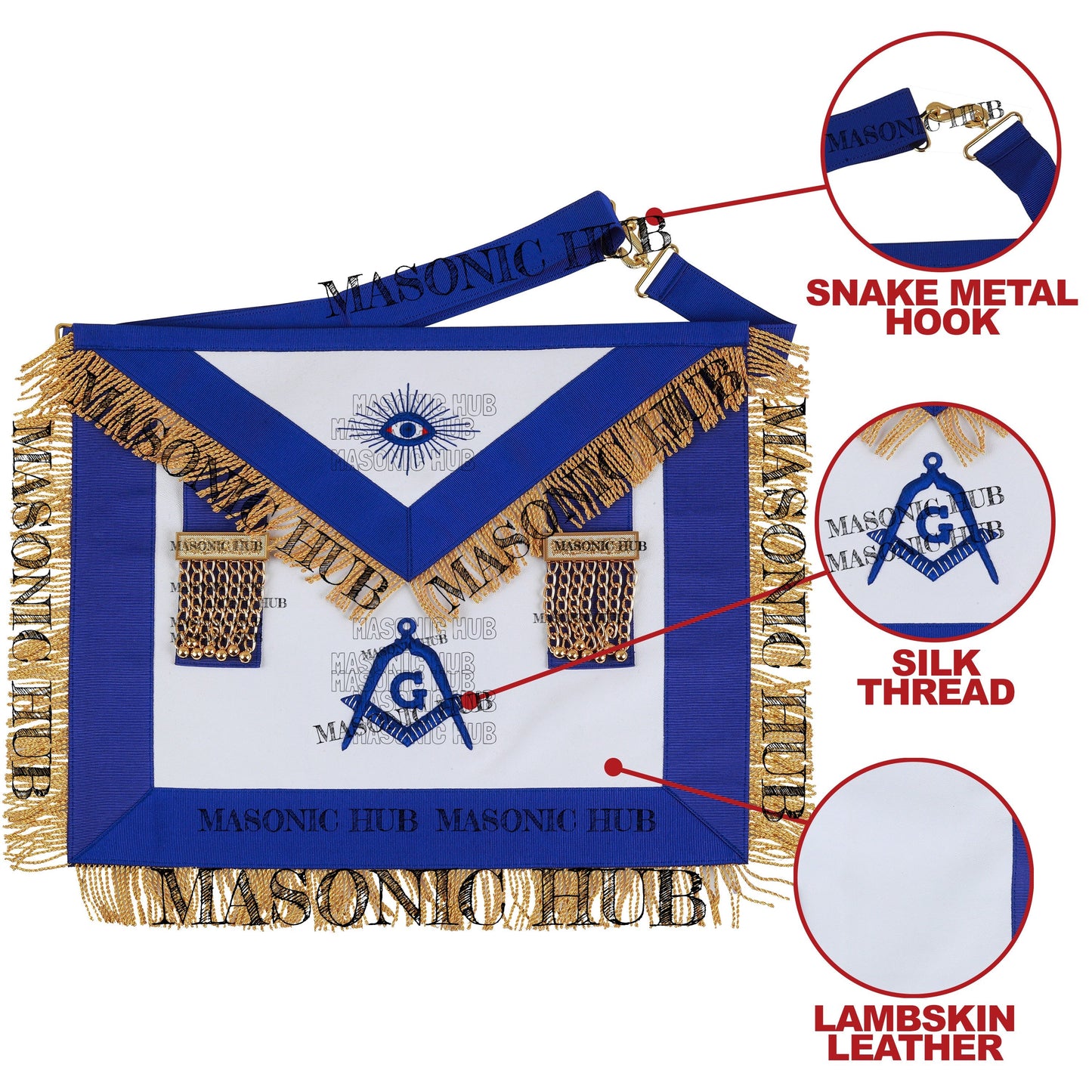 Masonic Master Mason Lambskin Apron with All-Seeing Eye Emblem Gold Mylar Fringe