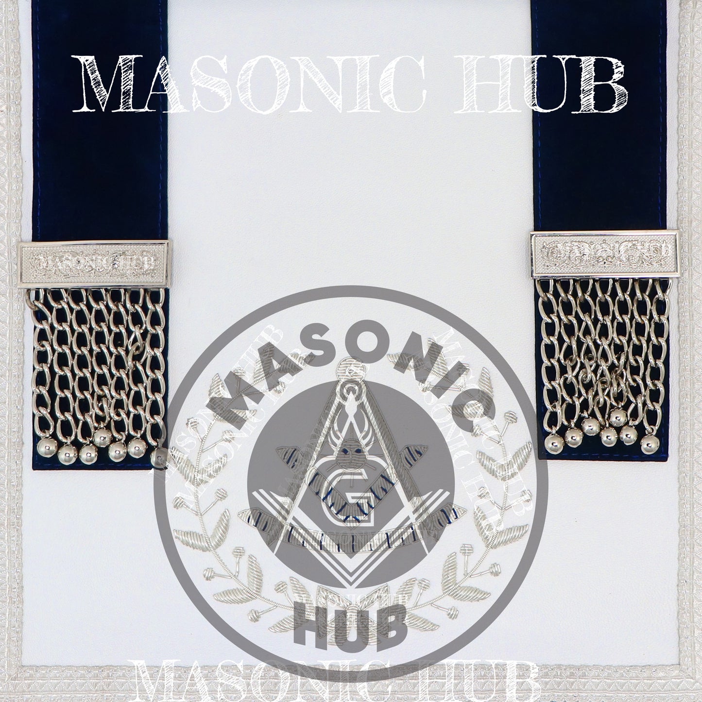 Masonic Past Master Apron – Hand-Embroidered Lambskin & Navy Blue Velvet with Silver Bullion Trim