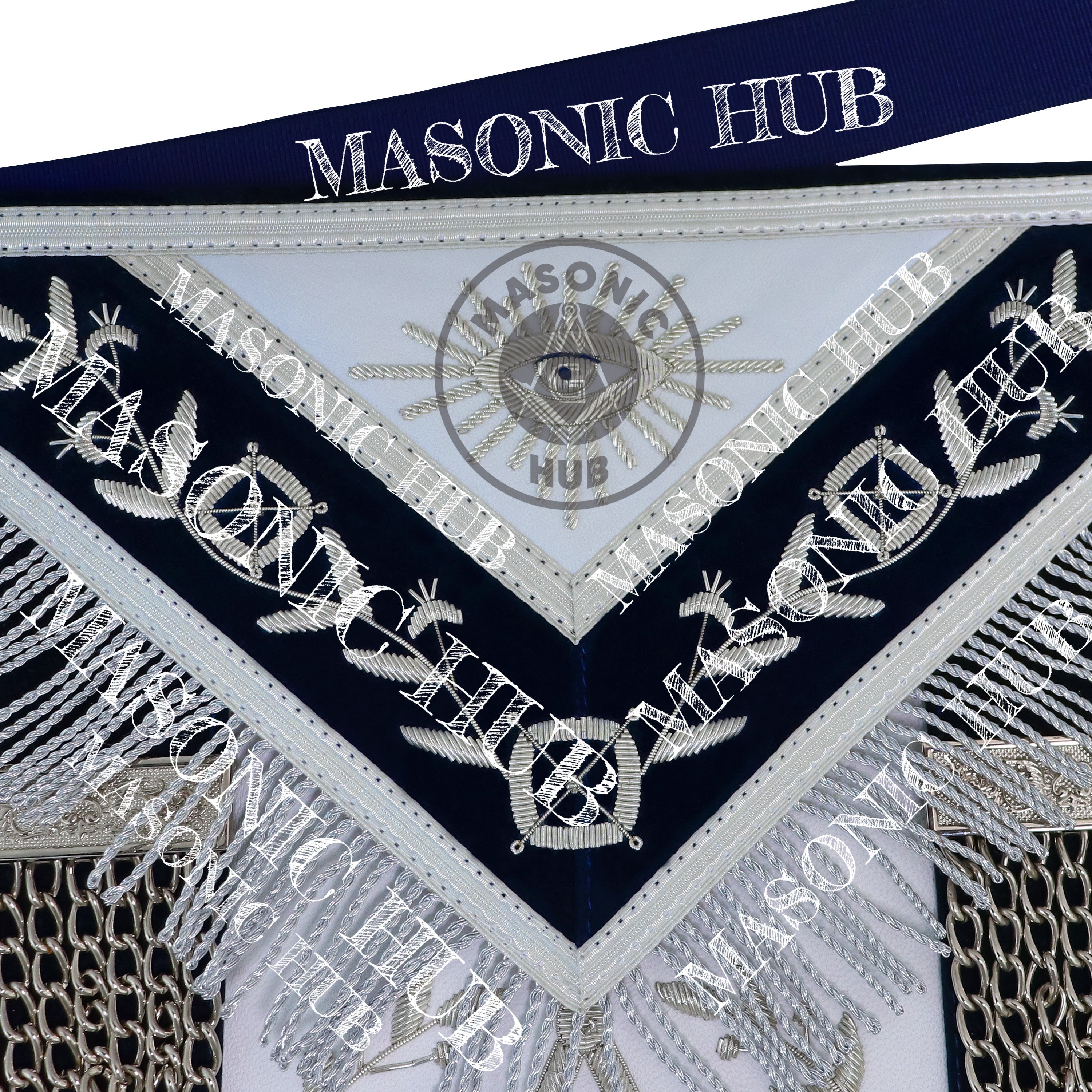 Masonic Past Master Apron – Hand-Embroidered Lambskin & Navy Blue Velvet with Silver Bullion Trim Masonic Hub