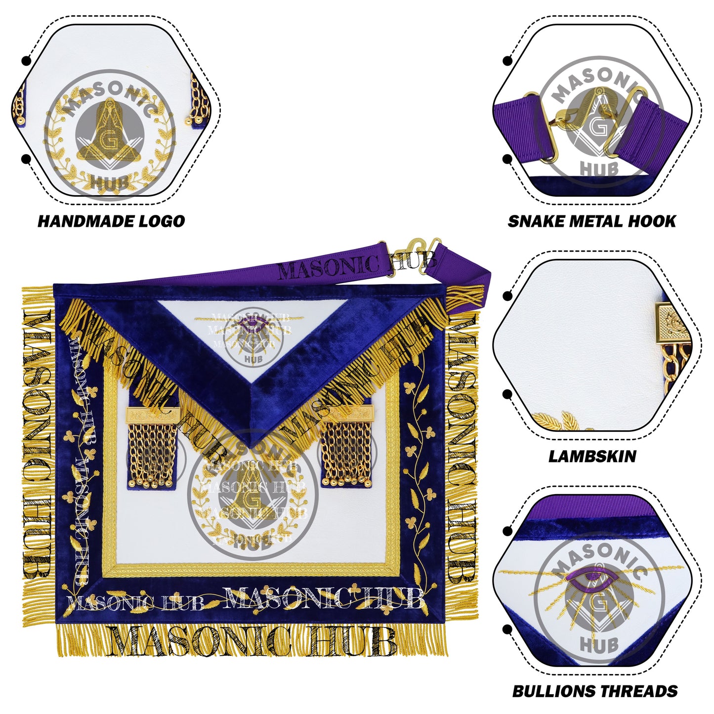 Masonic Grand Lodge Senior Warden Regalia Set – Hand Embroidered Lambskin Apron, Collar, Jewel & Cuffs – Gold Bullion Finish