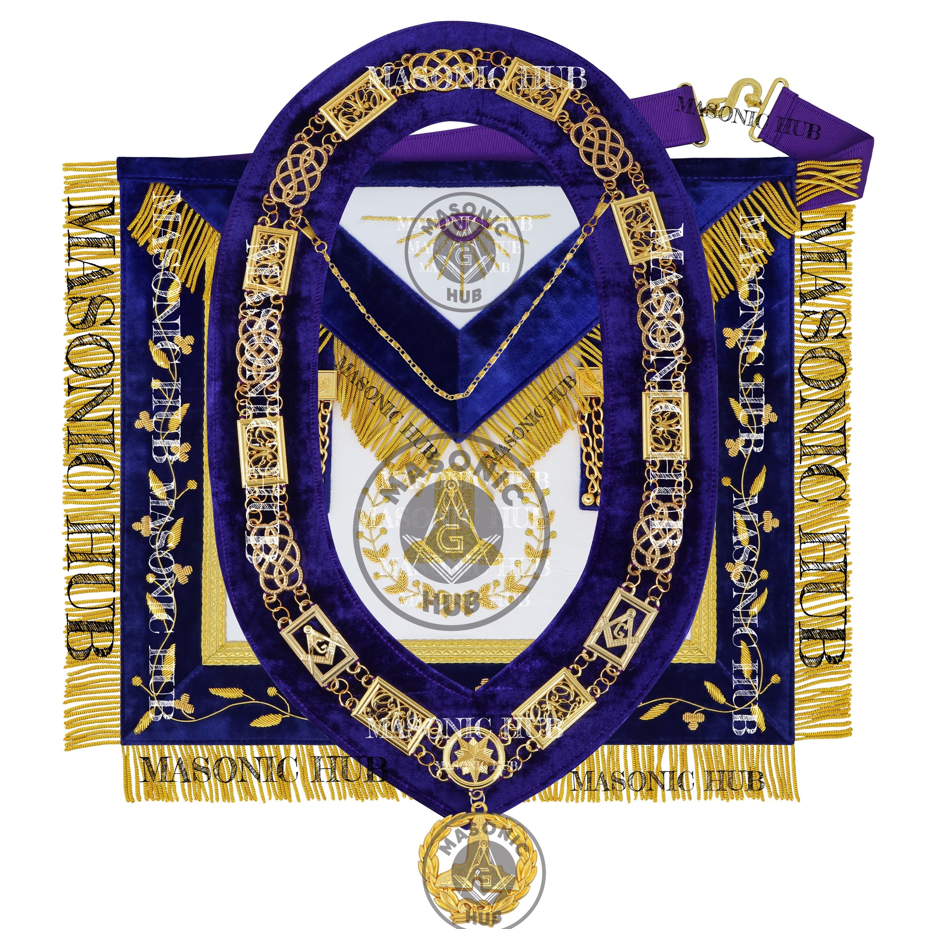 Masonic Grand Lodge Senior Warden Regalia Set – Hand Embroidered Lambskin Apron, Collar, Jewel & Cuffs – Gold Bullion Finish Masonic Hub