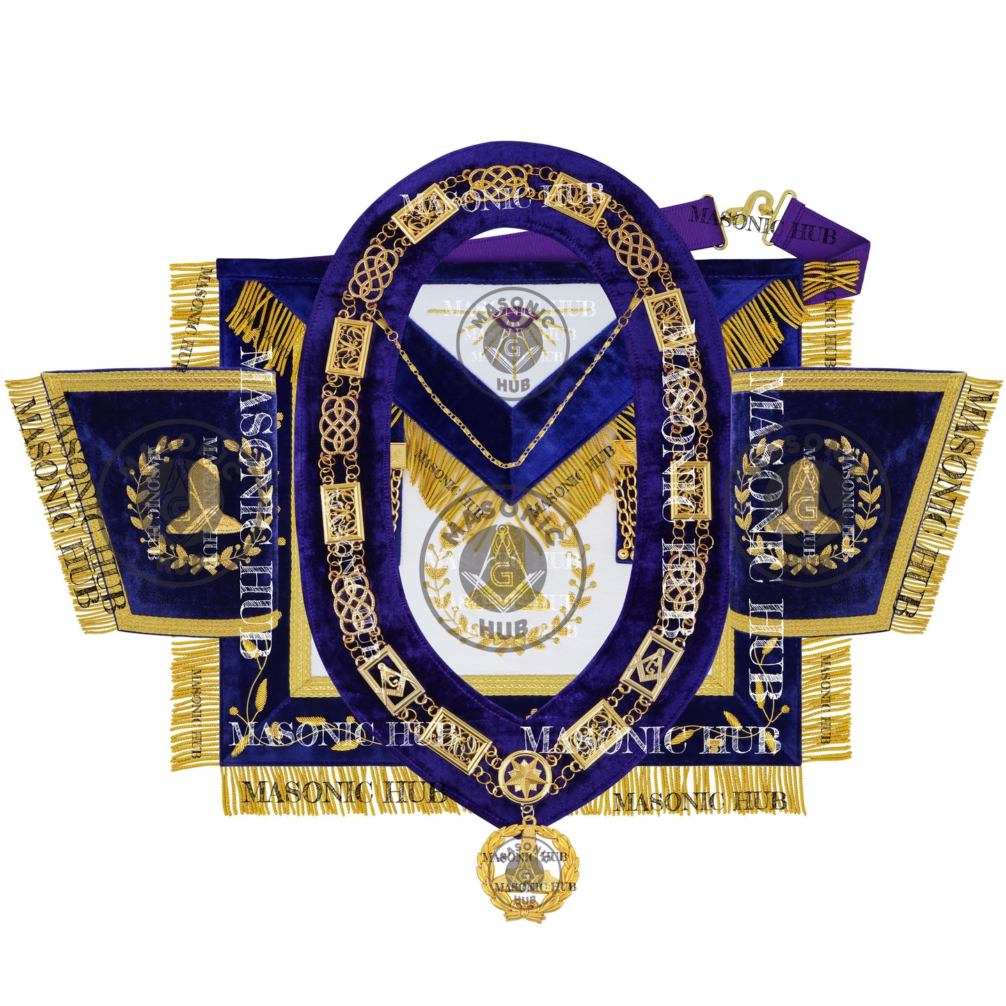 Masonic Grand Lodge Senior Warden Regalia Set – Hand Embroidered Lambskin Apron, Collar, Jewel & Cuffs – Gold Bullion Finish