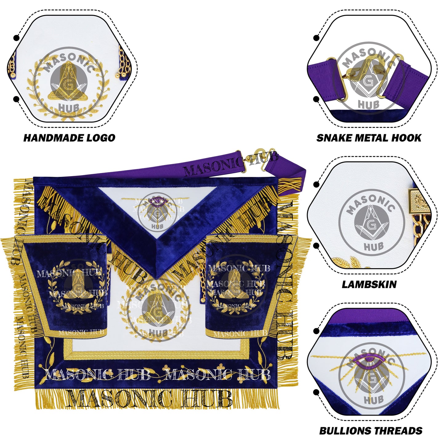Masonic Grand Lodge Senior Warden Regalia Set – Hand Embroidered Lambskin Apron, Collar, Jewel & Cuffs – Gold Bullion Finish