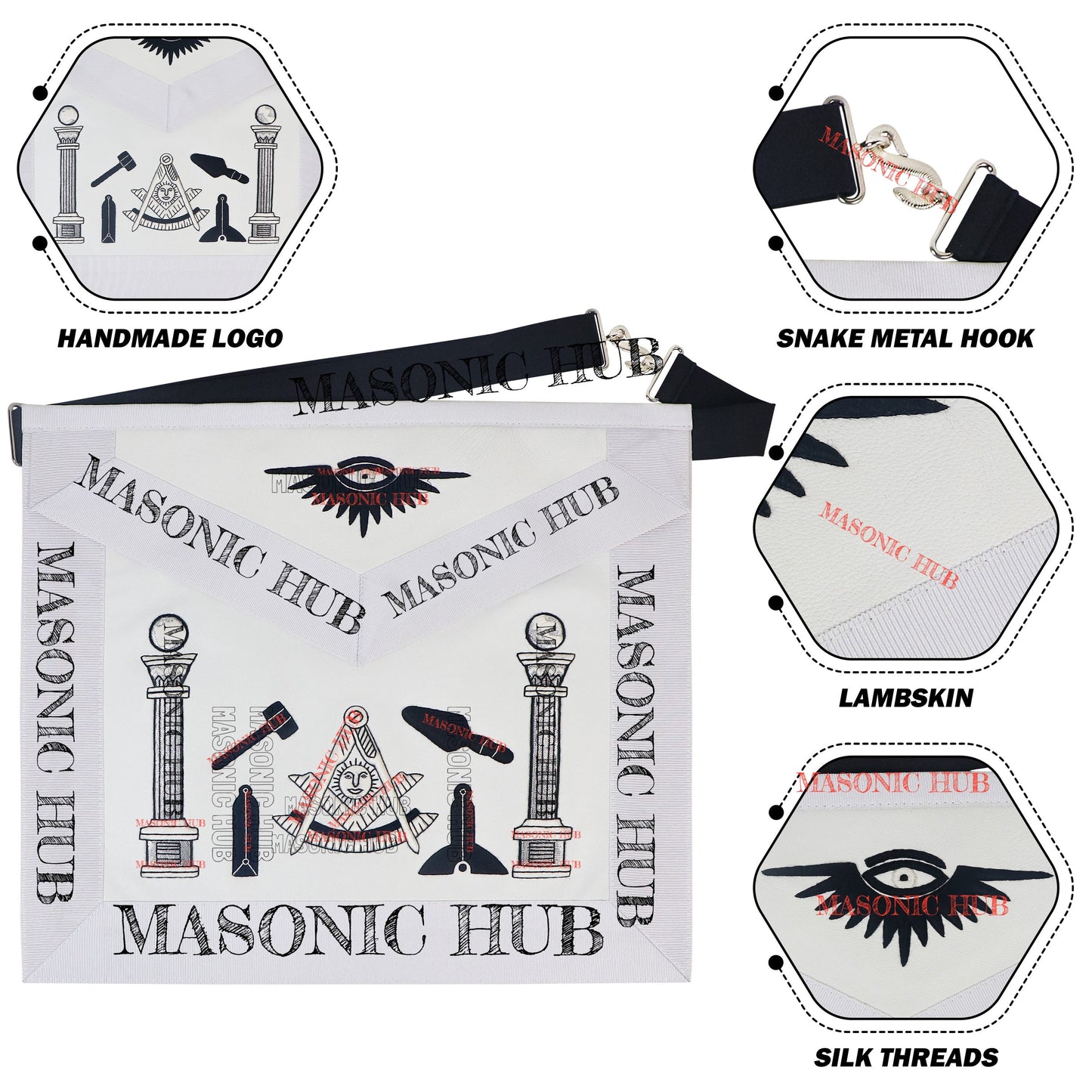 Masonic Past Master Tools Apron - Lambskin & Silk Threads - Hand Embroidered