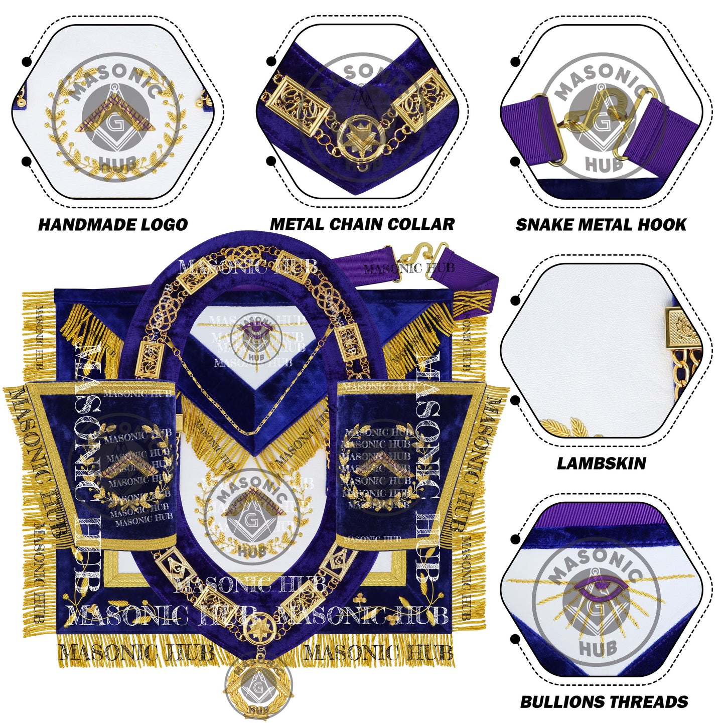 Masonic Grand Lodge Worshipful Master Regalia Set – Hand Made Lambskin Apron