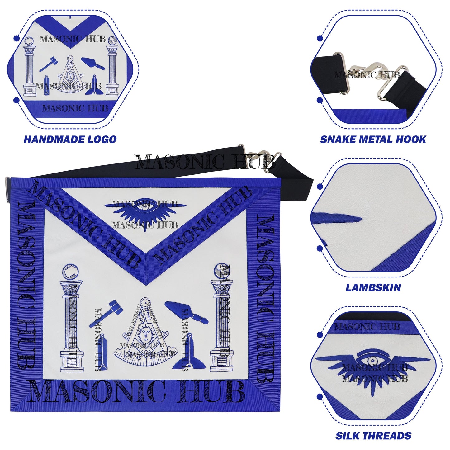 Masonic Past Master Working Tools Apron - Lambskin & Silk Threads - Hand Embroidered