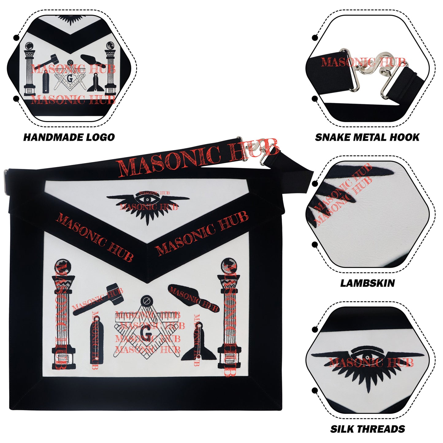 Handmade Masonic Master Mason Apron - Lambskin with Working Tools Embroidery