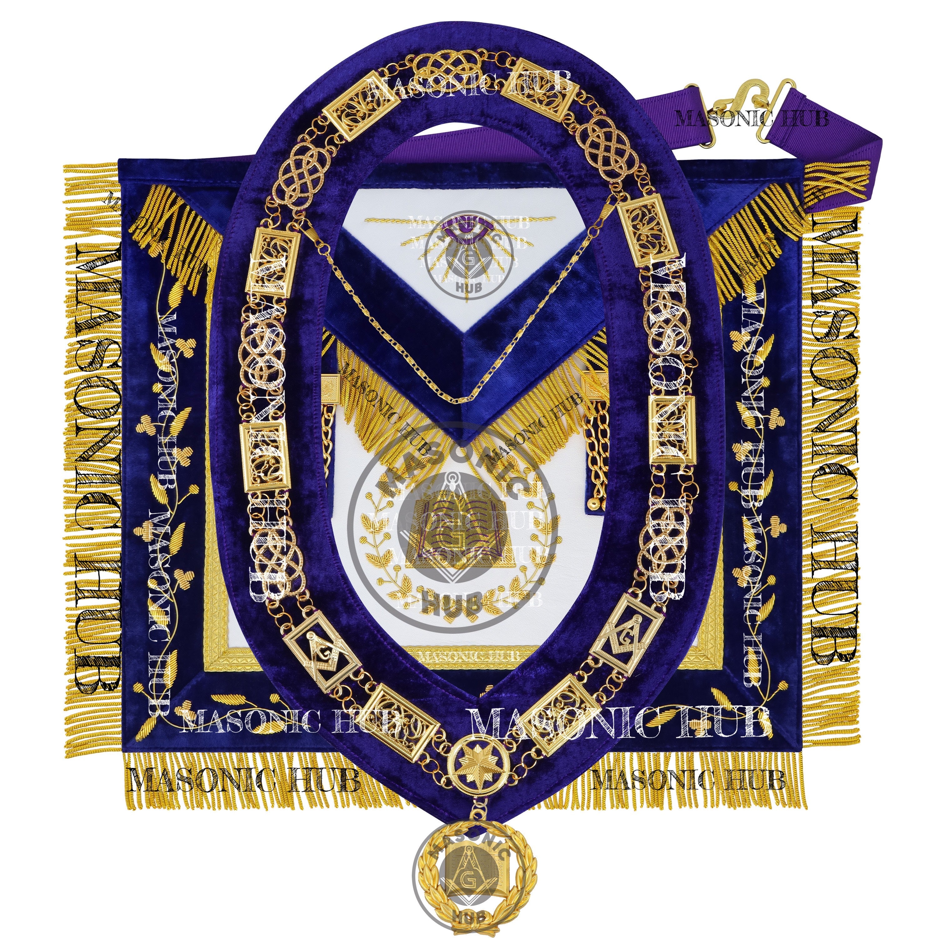 Masonic Grand Lodge Chaplain Regalia Set – Hand Embroidered Lambskin Apron, Collar, Jewel & Cuffs – Gold Bullion Finish Masonic Hub