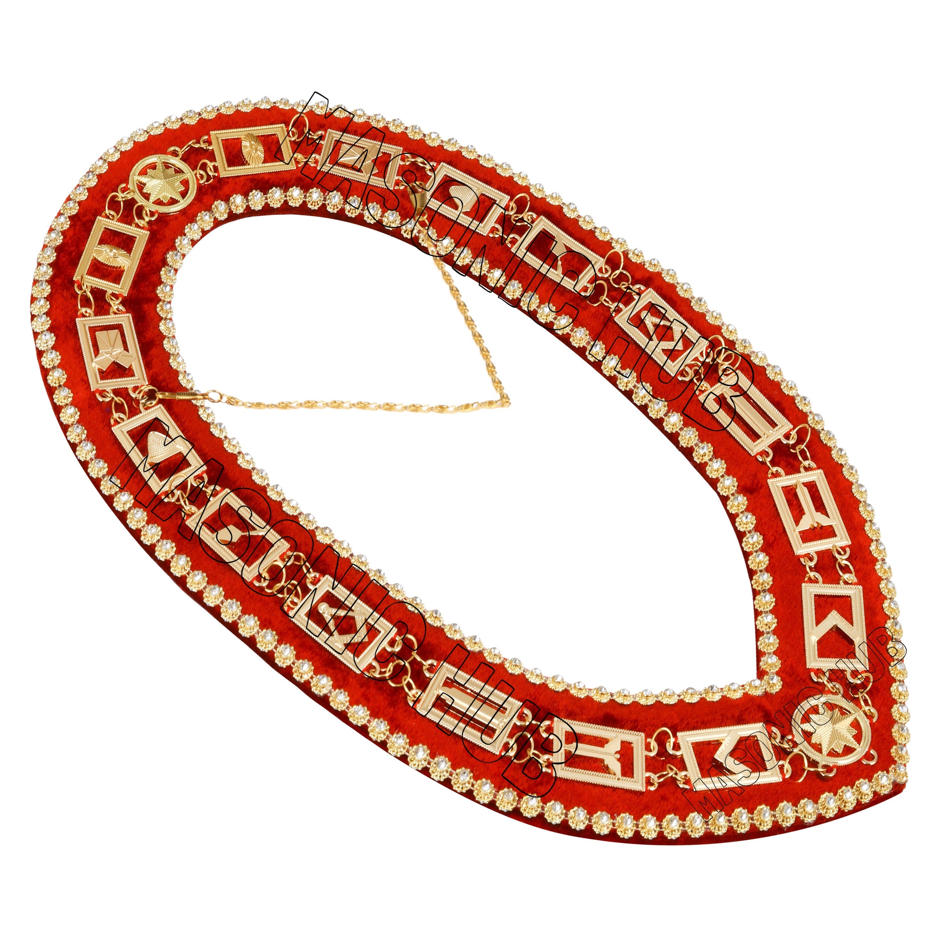 Masonic Blue Lodge Working Tools Masonic Chain Collar with Rhinestone Red Velvet Masonic Hub