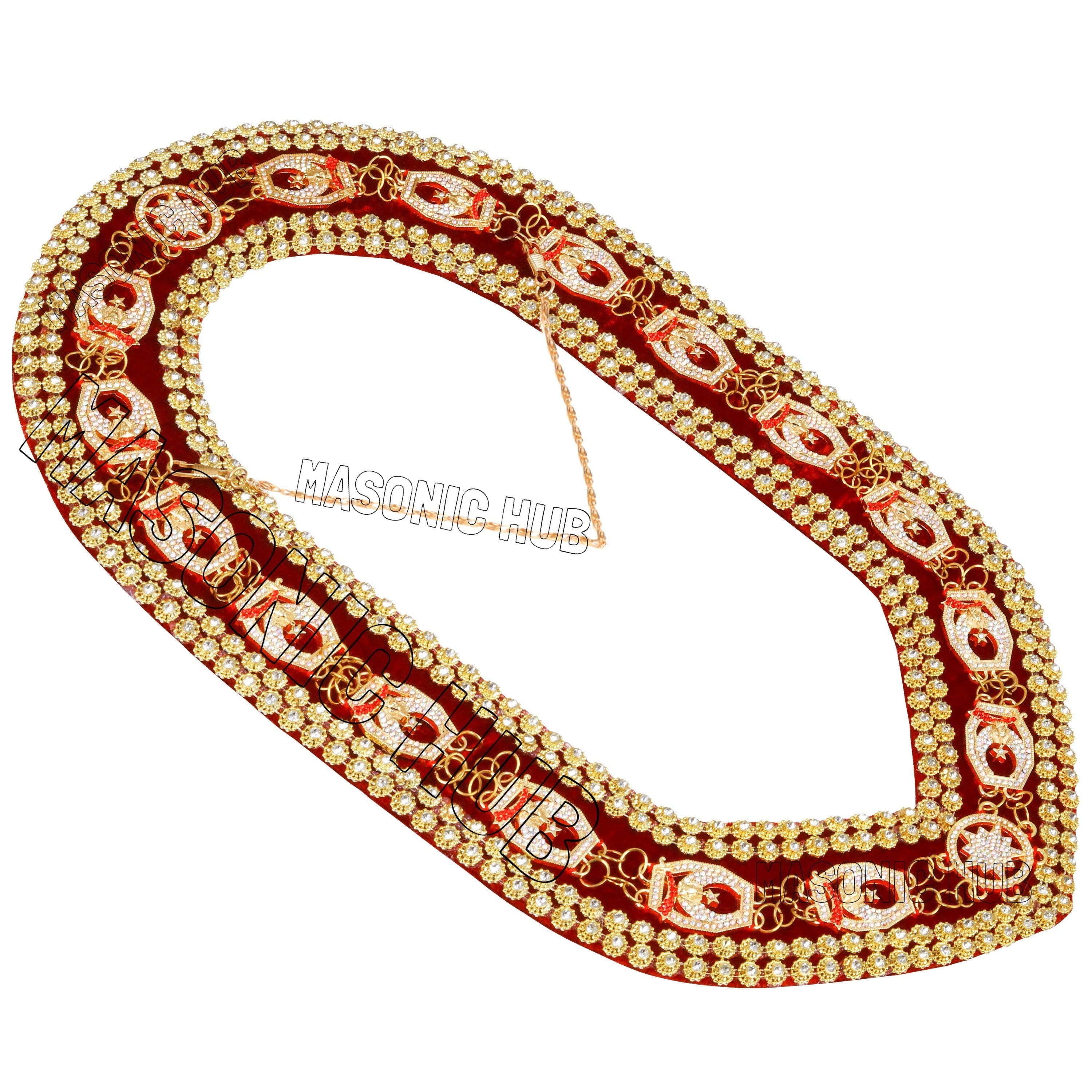 Masonic Regalia Shrine Golden Metal Rhinestones Jewels Chain Collar Red Backing Masonic Hub