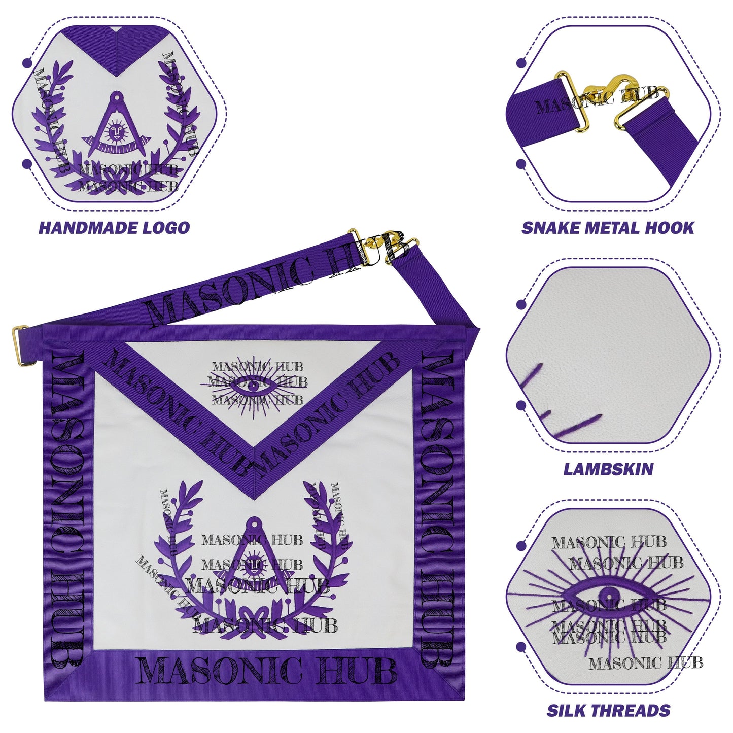 Handcrafted Lambskin Past Master Masonic Apron - Purple Wreath Emblem Freemason