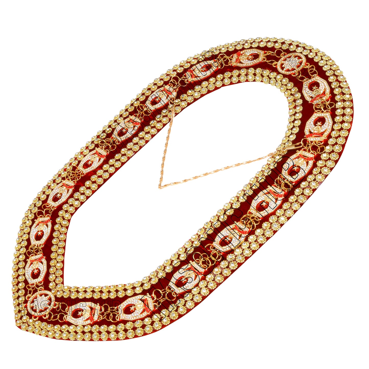 Masonic Regalia Shrine Golden Metal Rhinestones Jewels Chain Collar Red Backing