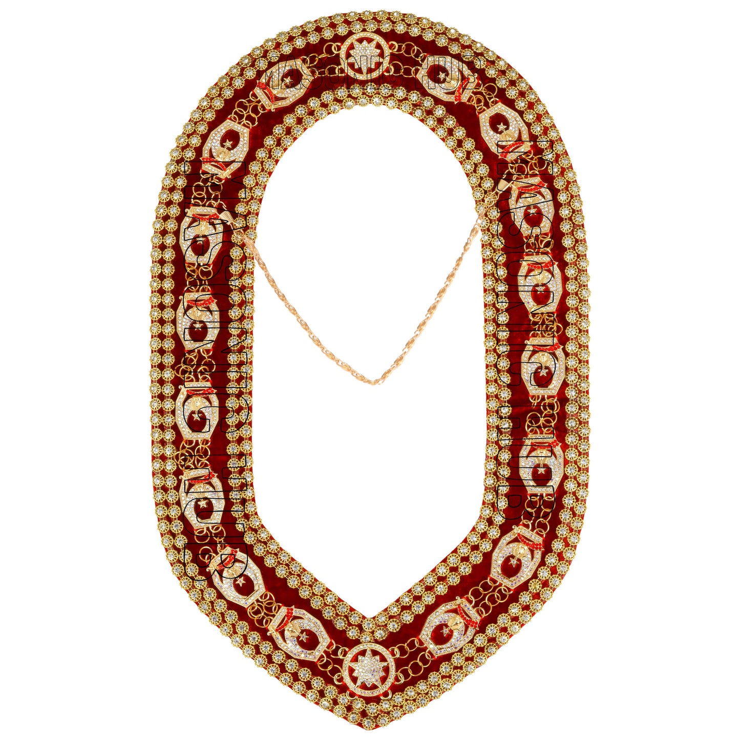 Masonic Regalia Shrine Golden Metal Rhinestones Jewels Chain Collar Red Backing