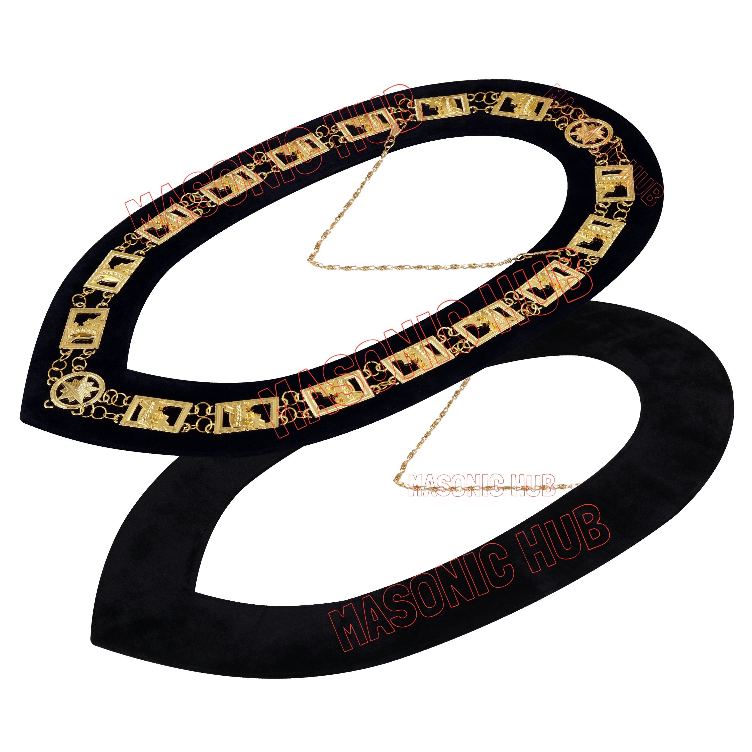 Knights Templar Masonic Regalia Metal Chain Collar with Black Velvet Gold Plated Masonic Hub