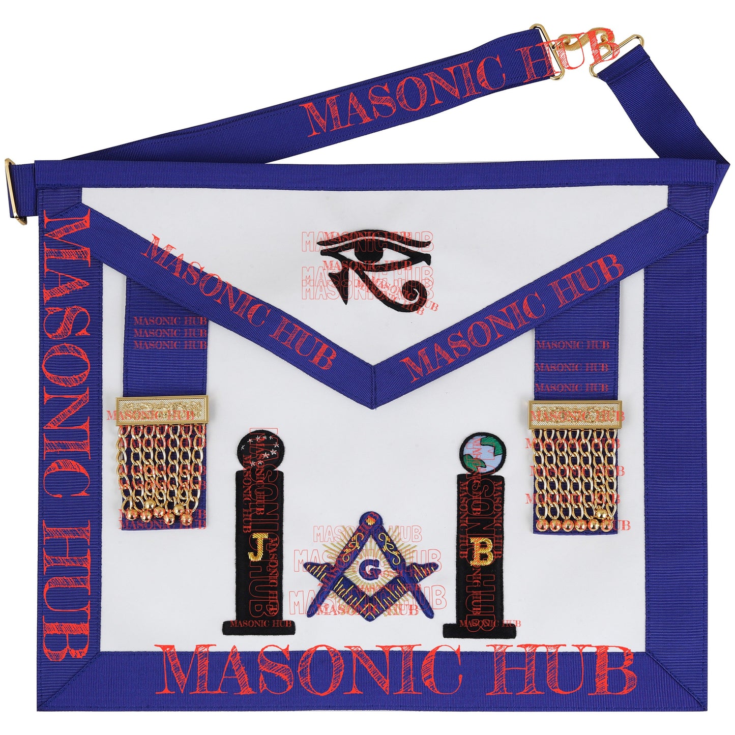 Masonic Master Mason Apron - with Compass & Square, Sunburst, Black Eye & Pillar