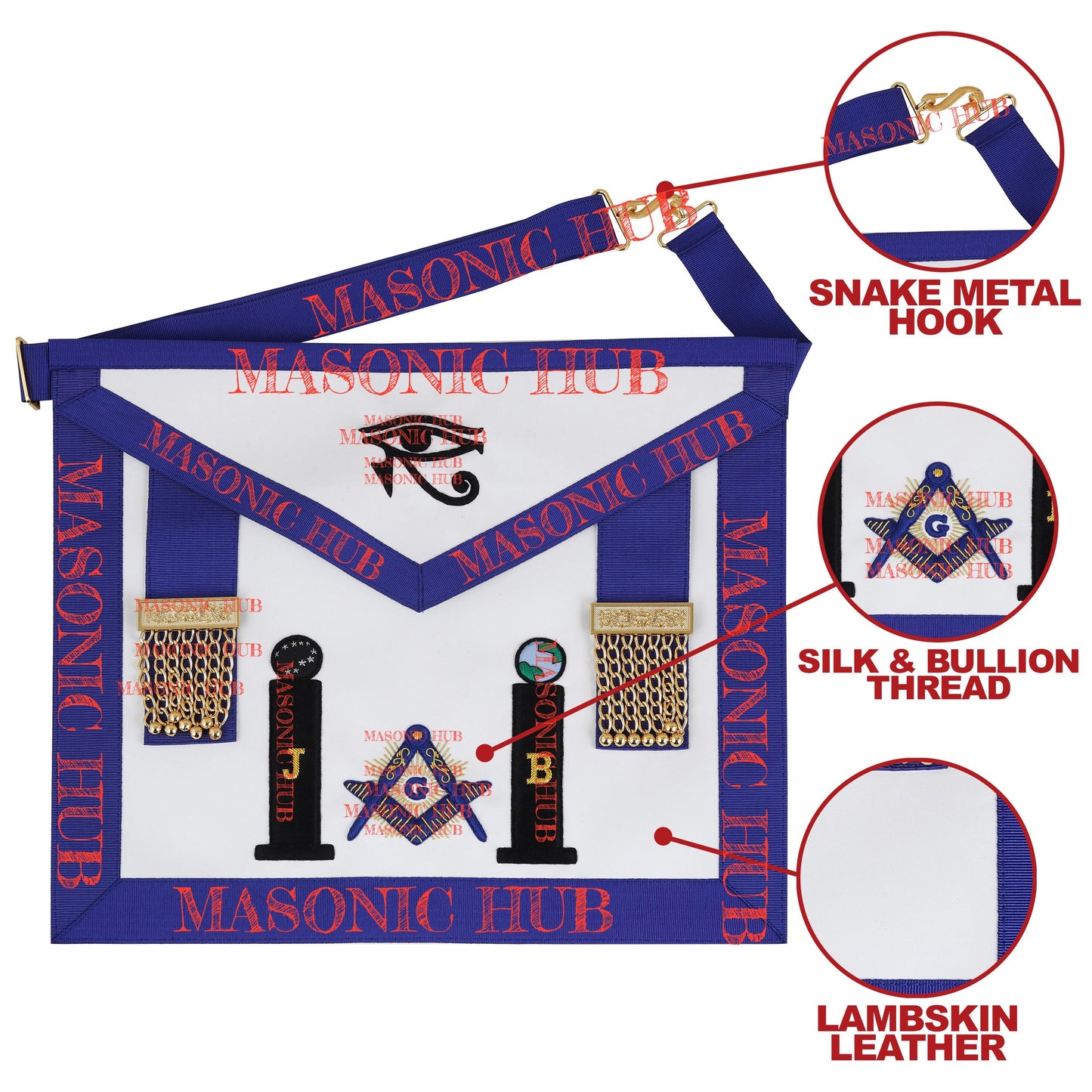 Masonic Master Mason Apron - with Compass & Square, Sunburst, Black Eye & Pillar