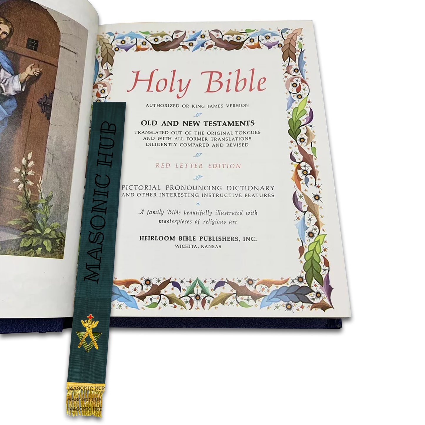 Allied Masonic Degrees Bible Marker – Hand Embroidered Green Ribbon AMD Symbol
