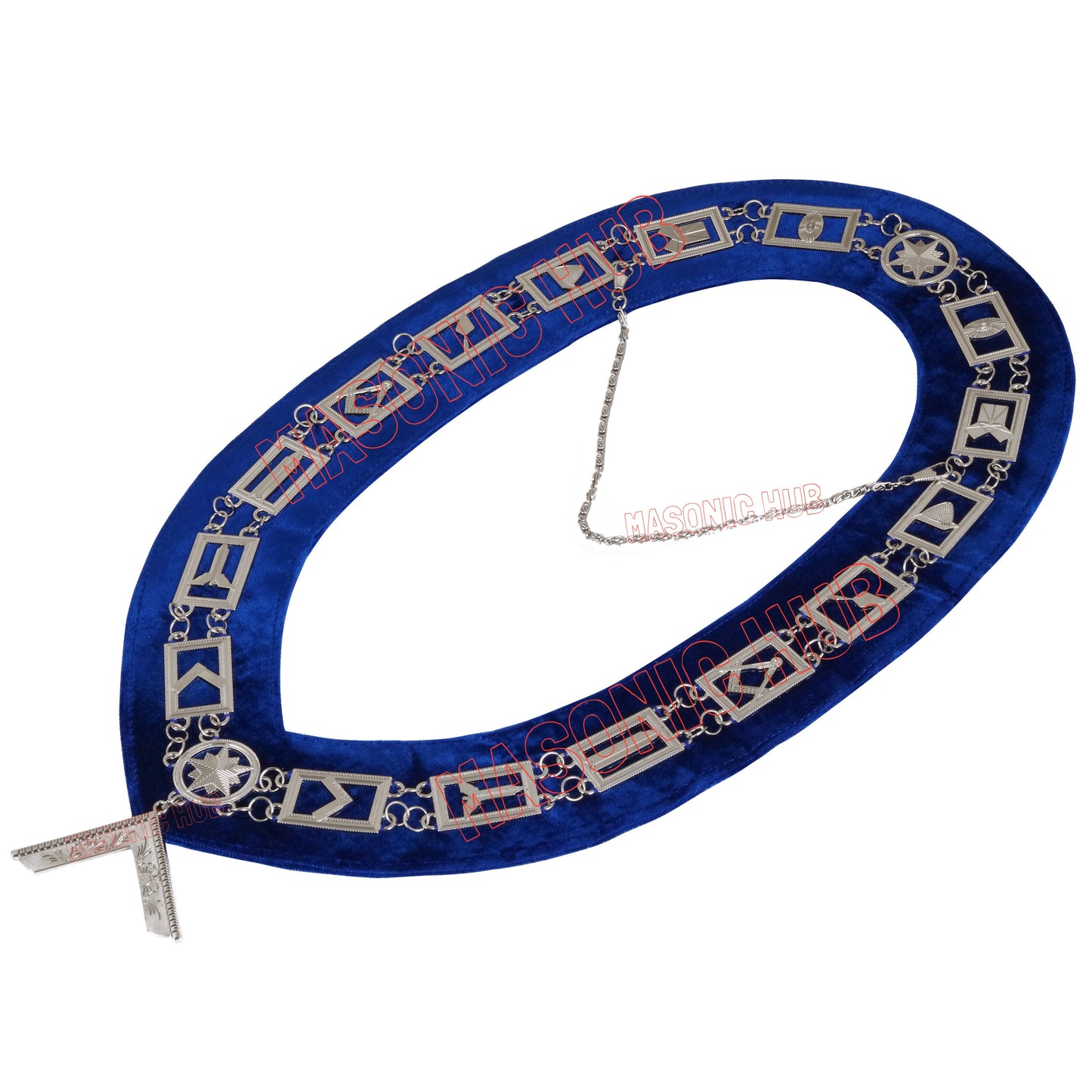 Blue Lodge Masonic Working Tools Chain Collar – Silver Plated with Blue Velvet Backing & Worshipful Master Jewel