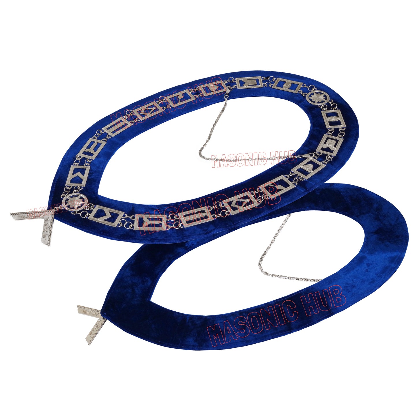 Blue Lodge Masonic Working Tools Chain Collar – Silver Plated with Blue Velvet Backing & Worshipful Master Jewel