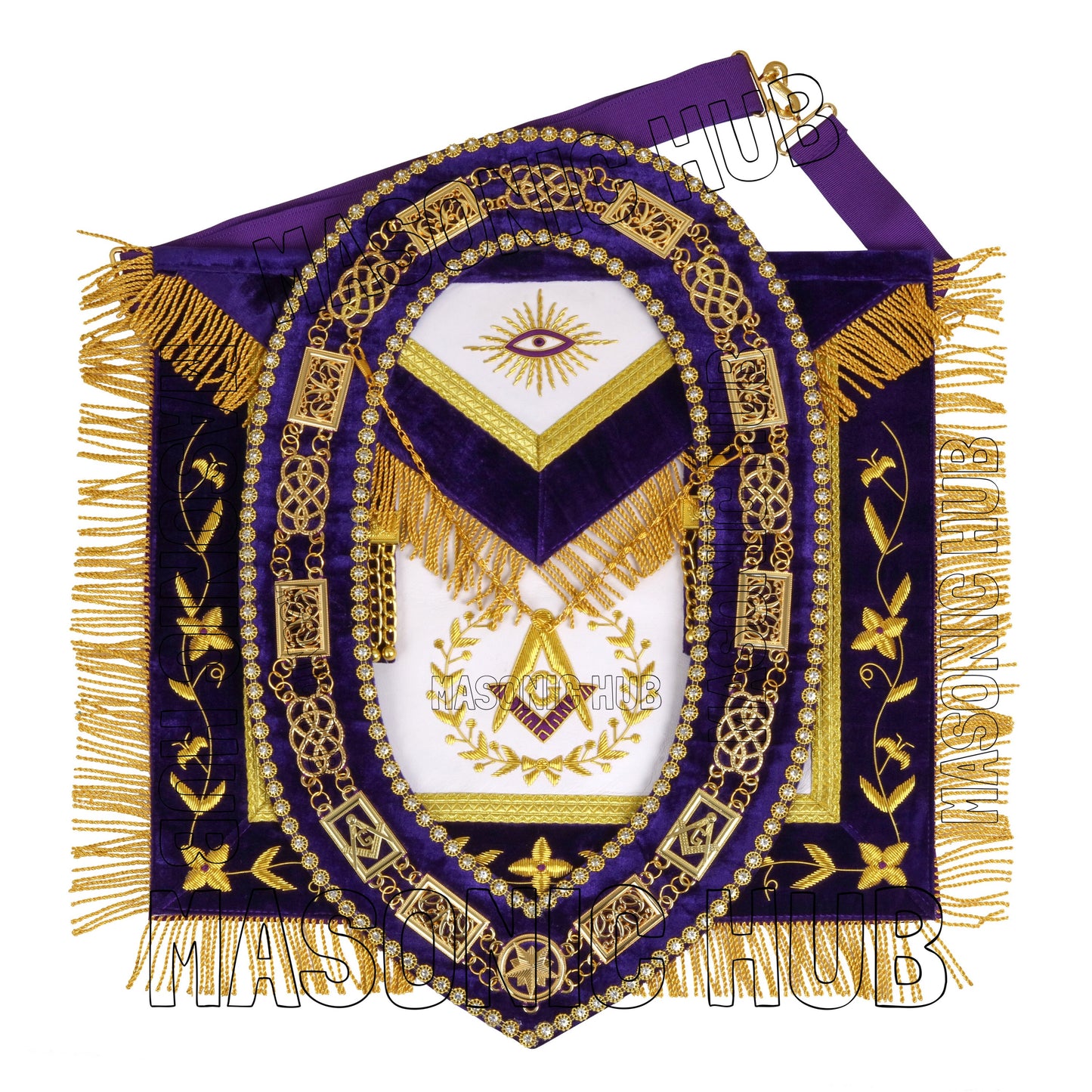 MASONIC GRAND LODGE MASTER MASON 100% LAMBSKIN APRON + CHAIN COLLAR + GAUNTLETS