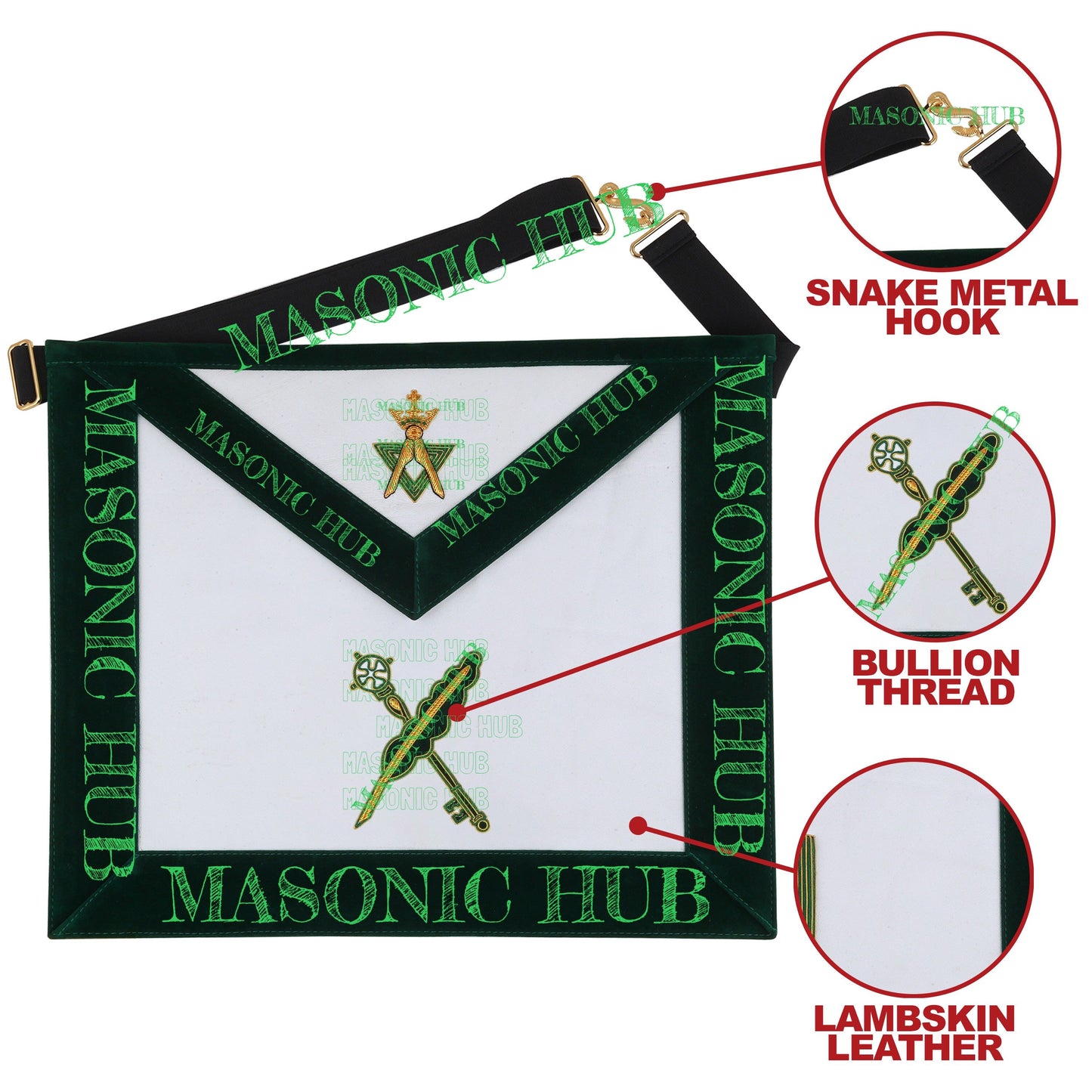 Hand-Embroidered Allied Masonic Degree (AMD) Officer Apron Secretary - Treasurer