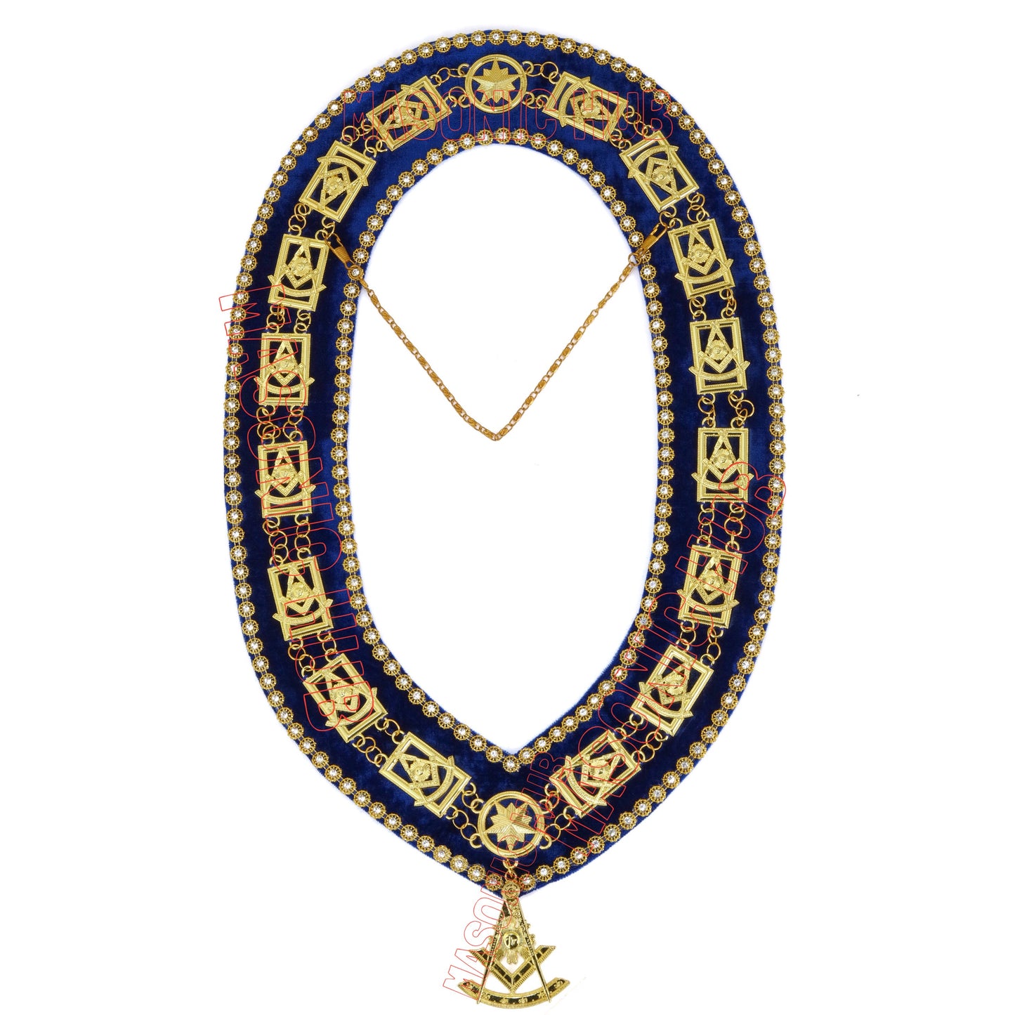 Masonic Past Master Metal Chain Collar Blue Backing With Rhinestones + Free Jewe